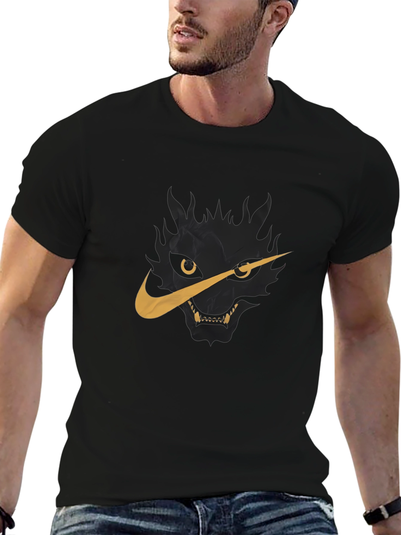 Black Men's Black T-Shirt with Wolf Nike Logo Graphic view 6