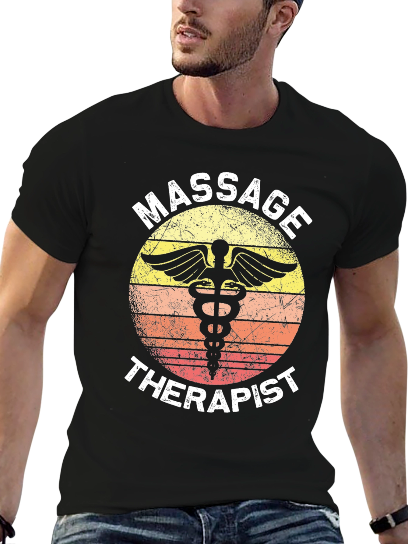 Black Massage Therapist T-Shirt Retro Caduceus Gift view 6