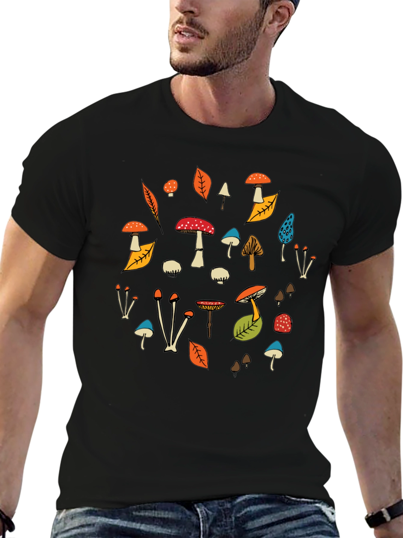 Black Funky Mushroom Print Black T-Shirt view 6