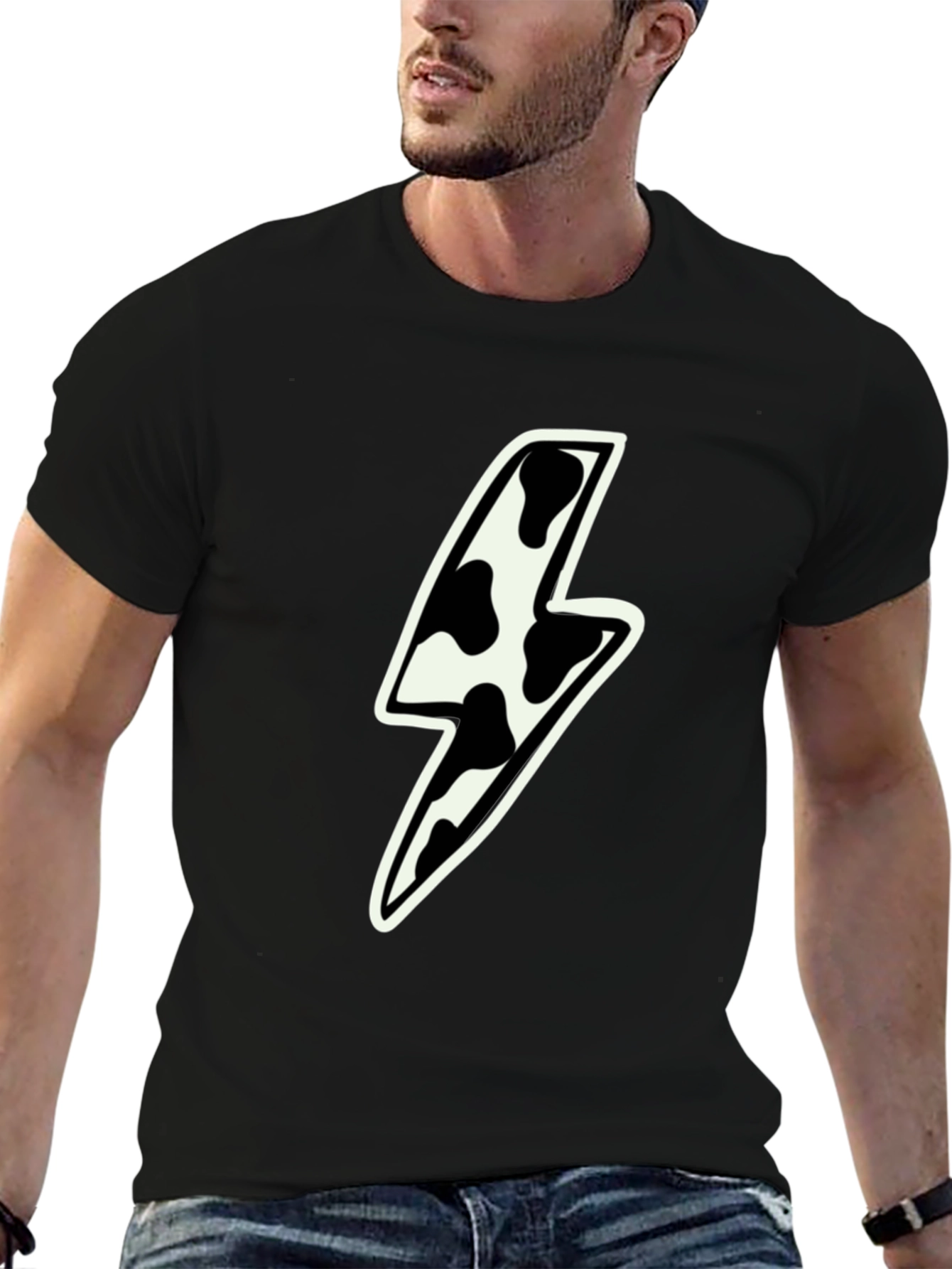 Black Cow Print Lightning Bolt Graphic Tee - Black view 6