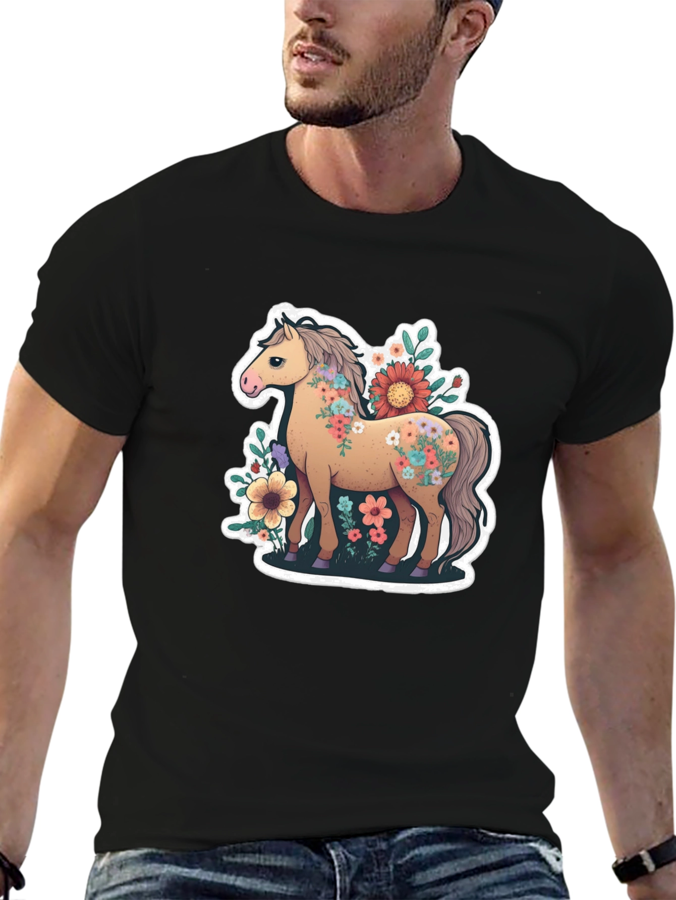 Black Floral Horse Graphic Tee - Stylish & Unique Design view 6