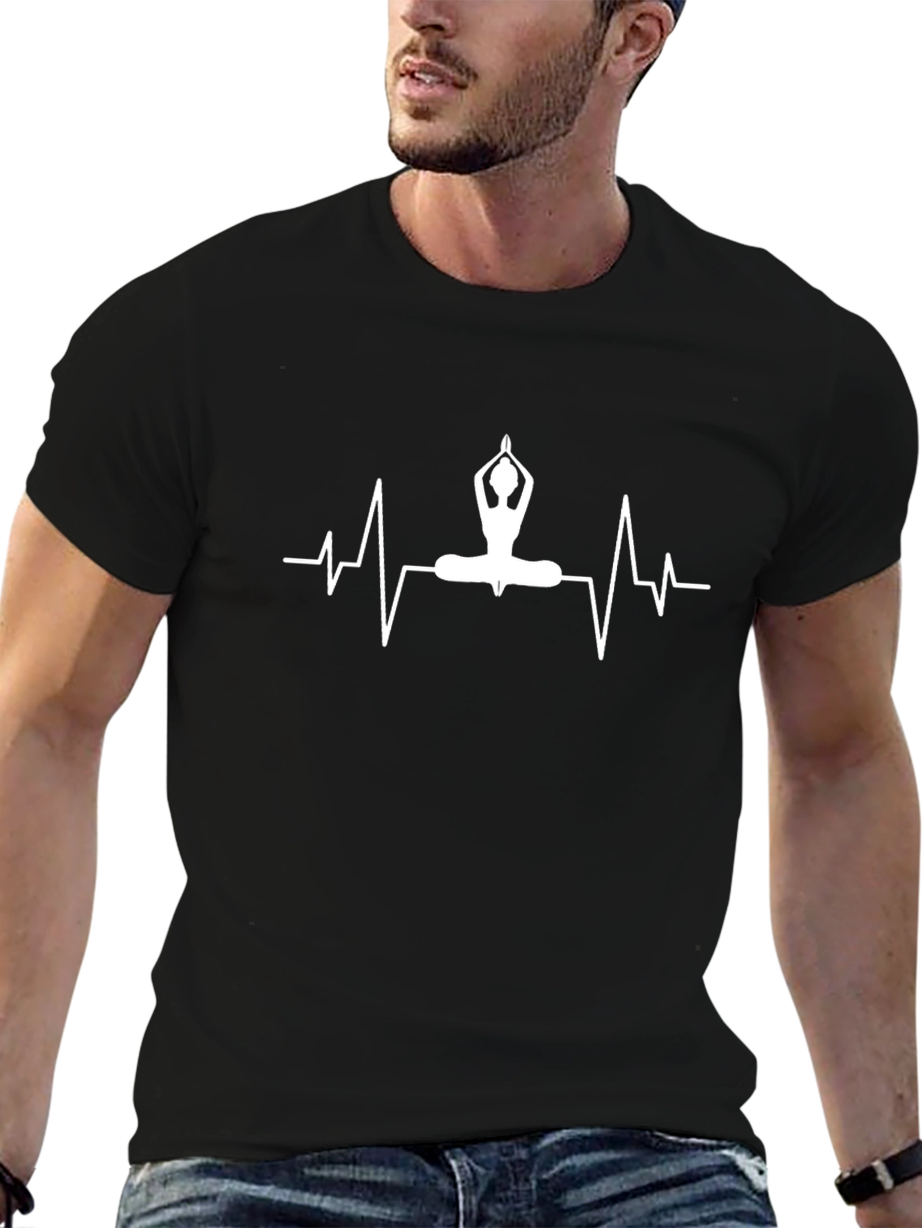Black Yoga Heartbeat Graphic Tee - Black Cotton T-Shirt view 6