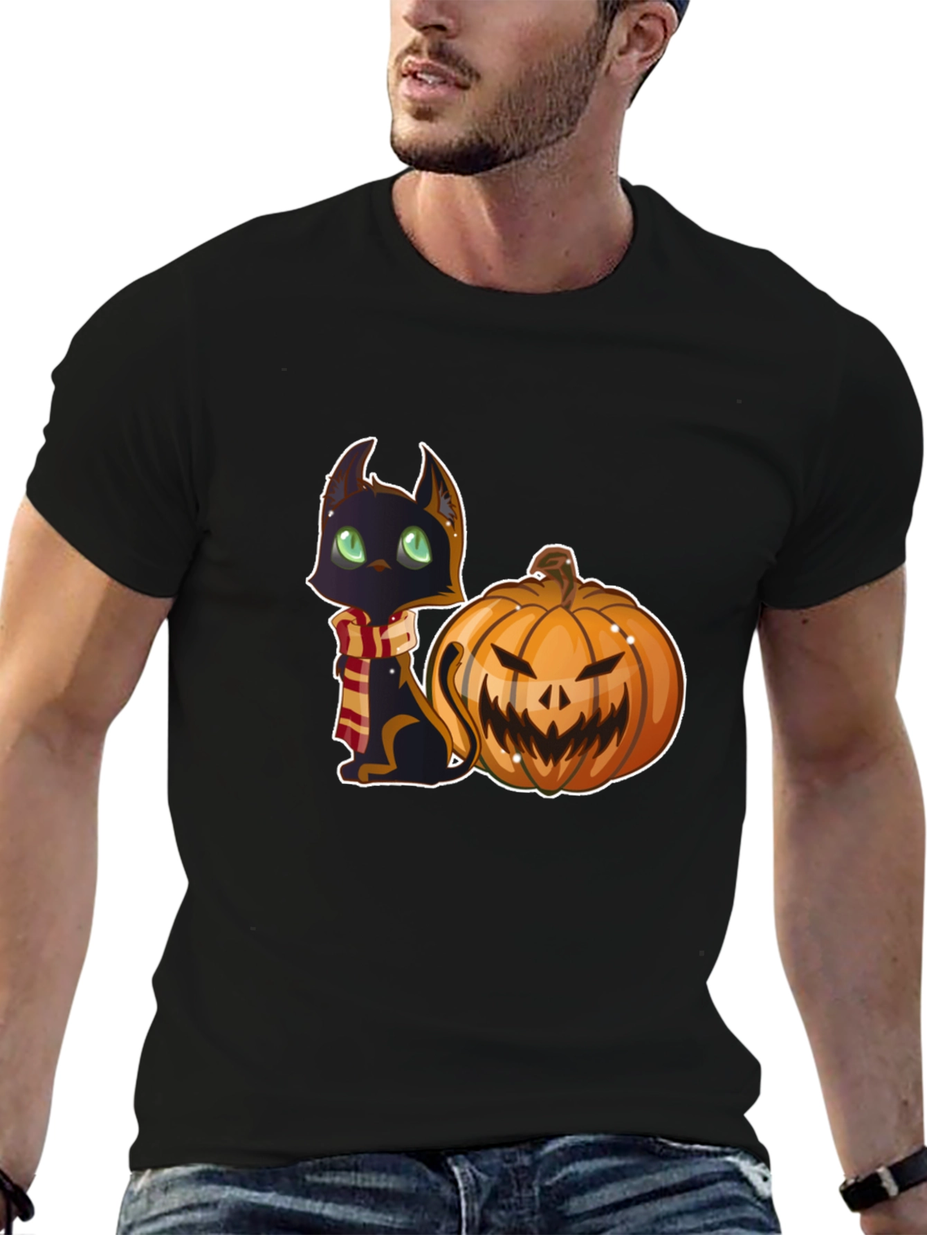 Black Halloween Cat & Pumpkin Black T-Shirt view 6