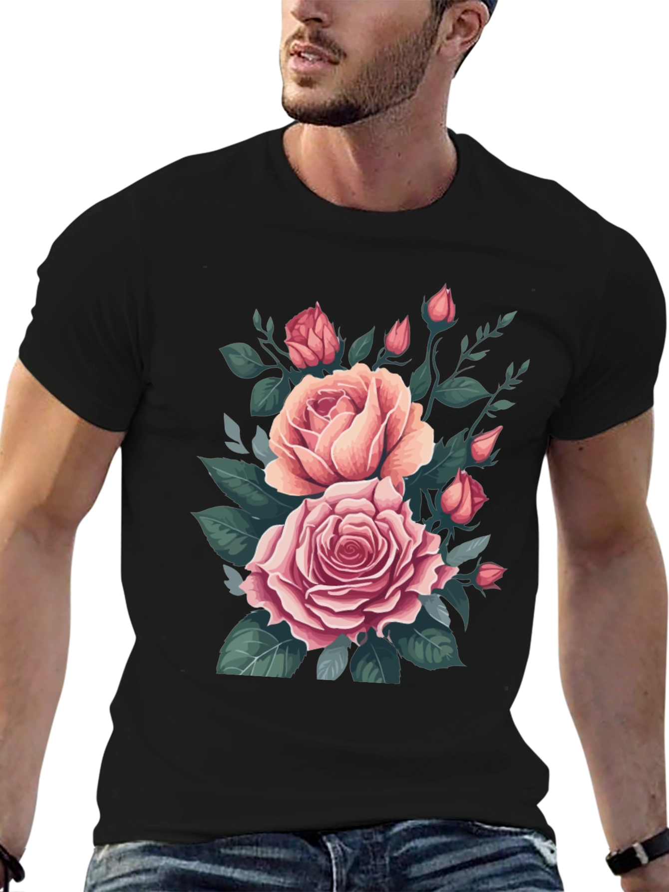 Black Elegant Rose Bouquet Graphic Tee - Soft Cotton Comfort view 6
