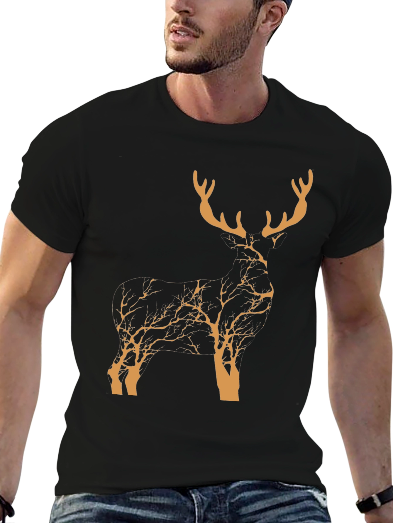 Black Stylish Deer Silhouette Graphic T-Shirt - Nature Inspired Design view 6