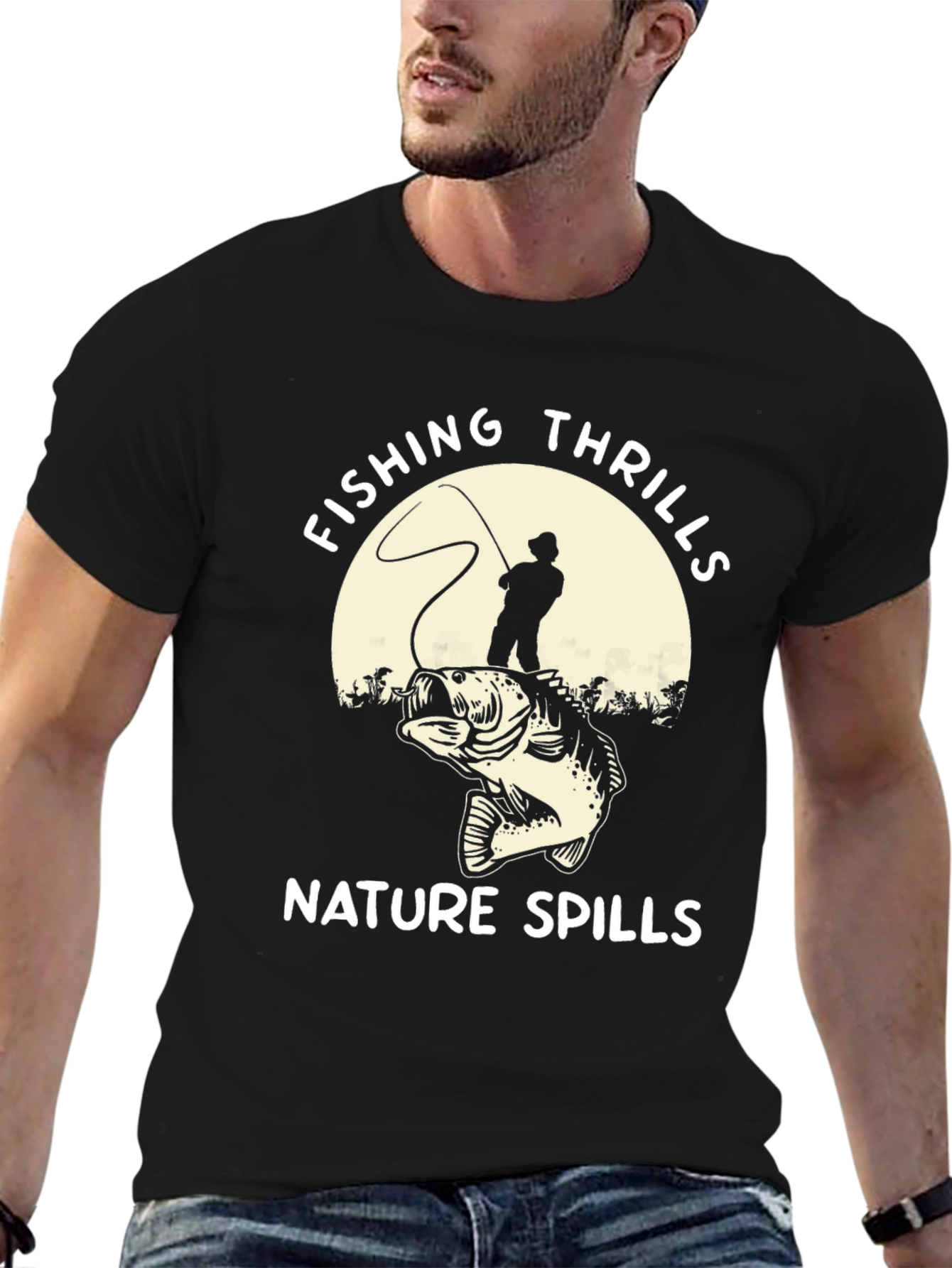 Black Fishing Thrills Nature Spills Graphic Tee view 6