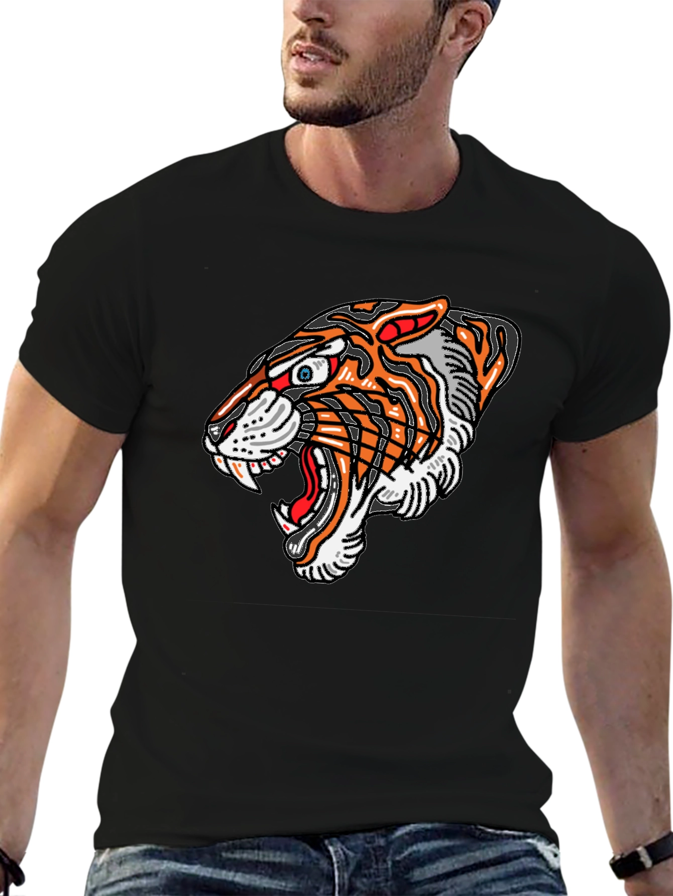 Black Tiger Graphic Print Men's Black T-Shirt view 6