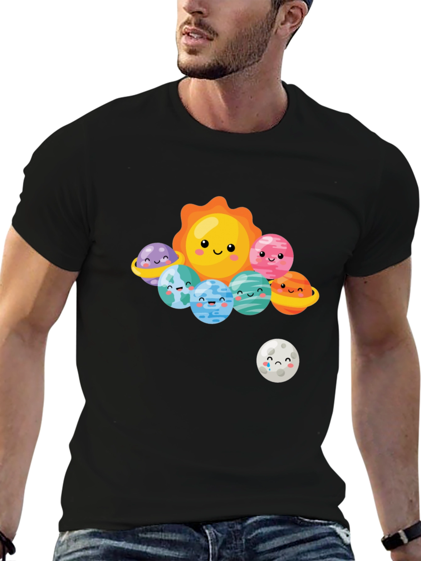 Black Kawaii Solar System Graphic T-Shirt view 6