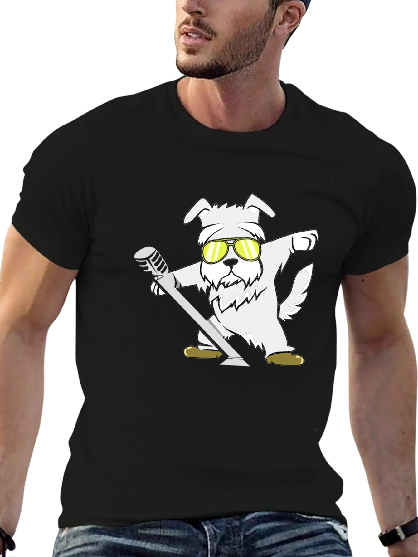 Black Cool Dog T-Shirt - Dabbing with Microphone view 6
