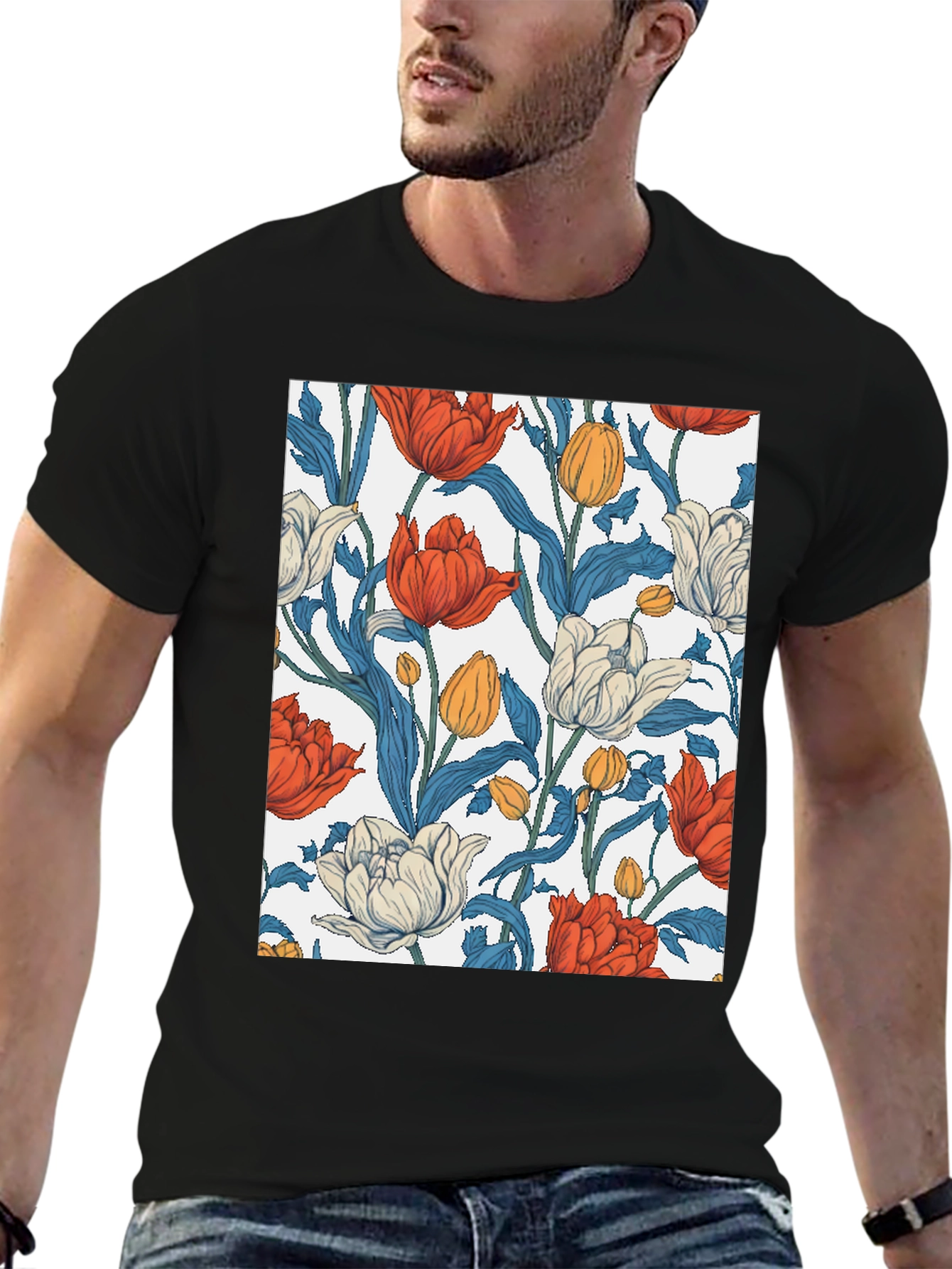 Black Floral Print Crew Neck T-Shirt view 6