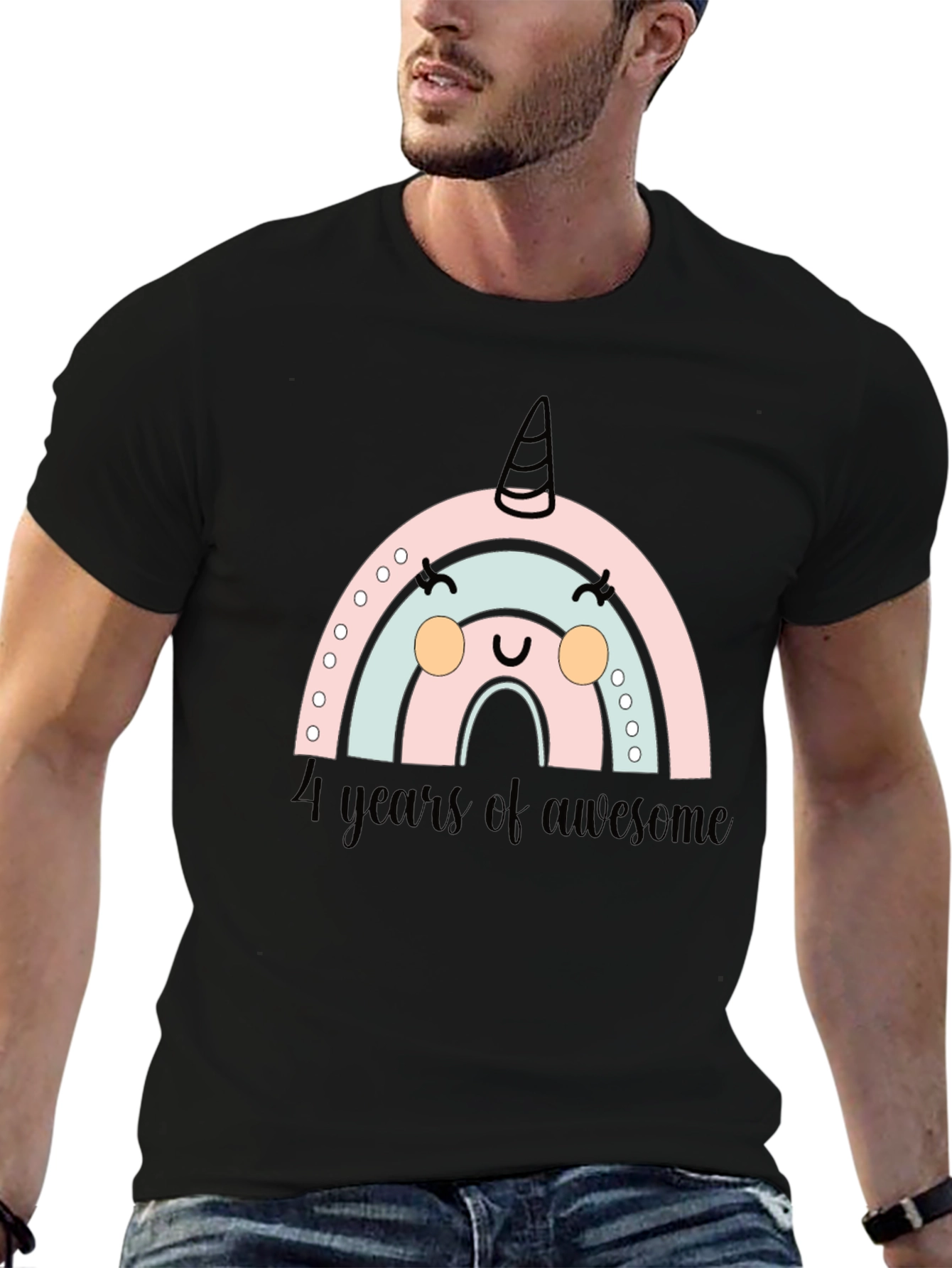 Black 4 Years of Awesome Rainbow Unicorn Birthday T-Shirt view 6