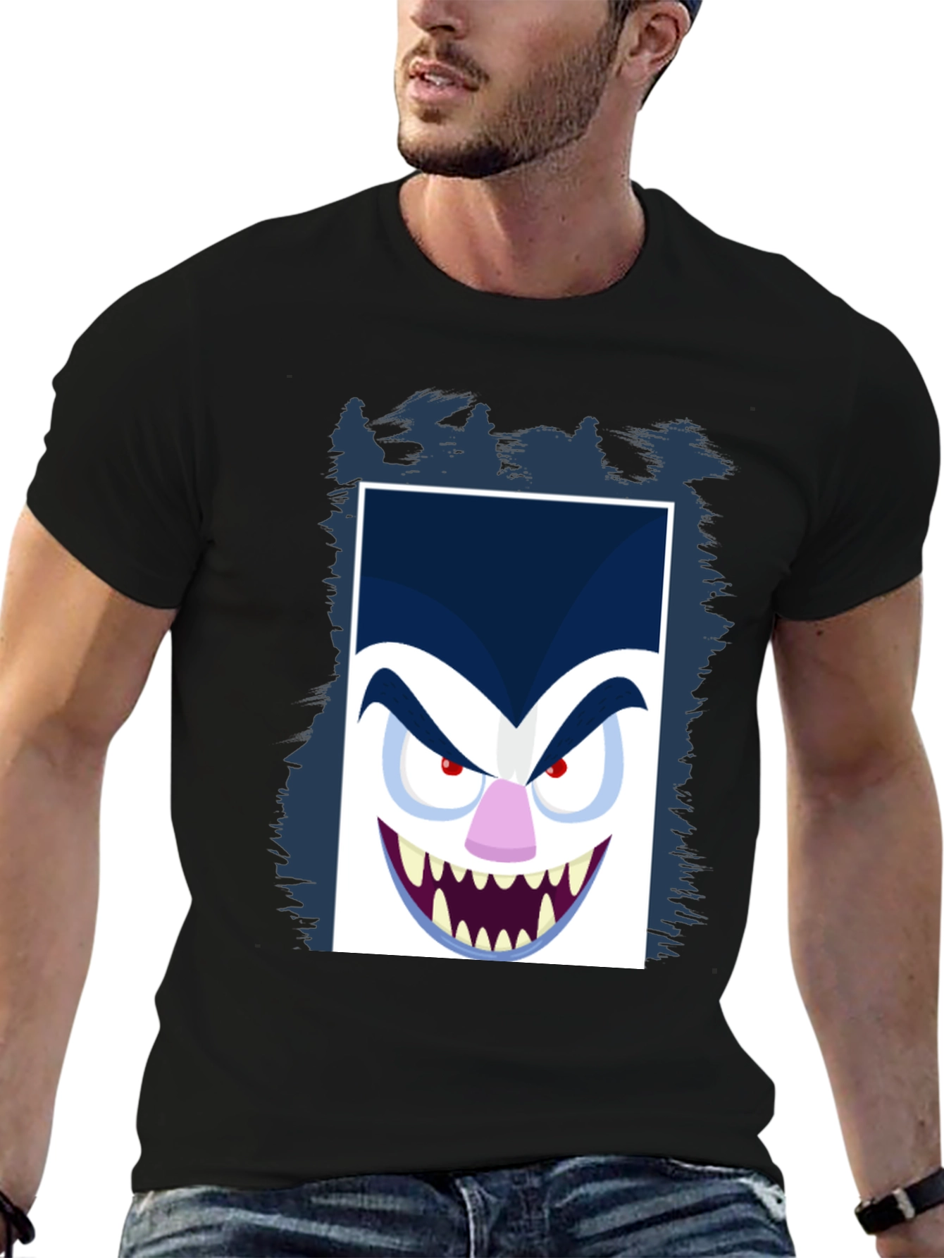 Black Cartoon Vampire Face Graphic Black Tee view 6