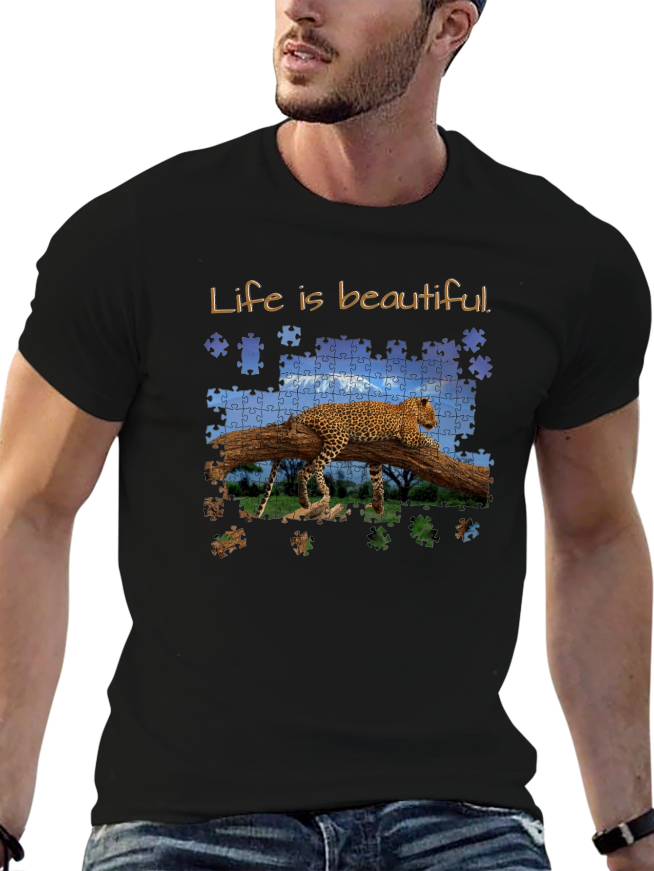 Black Life is Beautiful Leopard Puzzle Graphic T-Shirt view 6