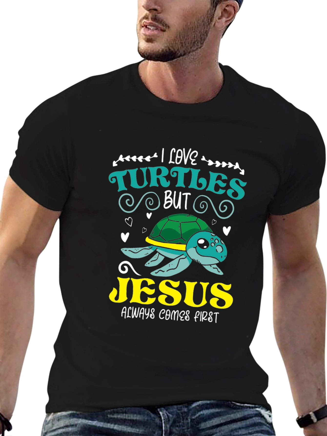 Black I Love Turtles But Jesus T-Shirt view 6