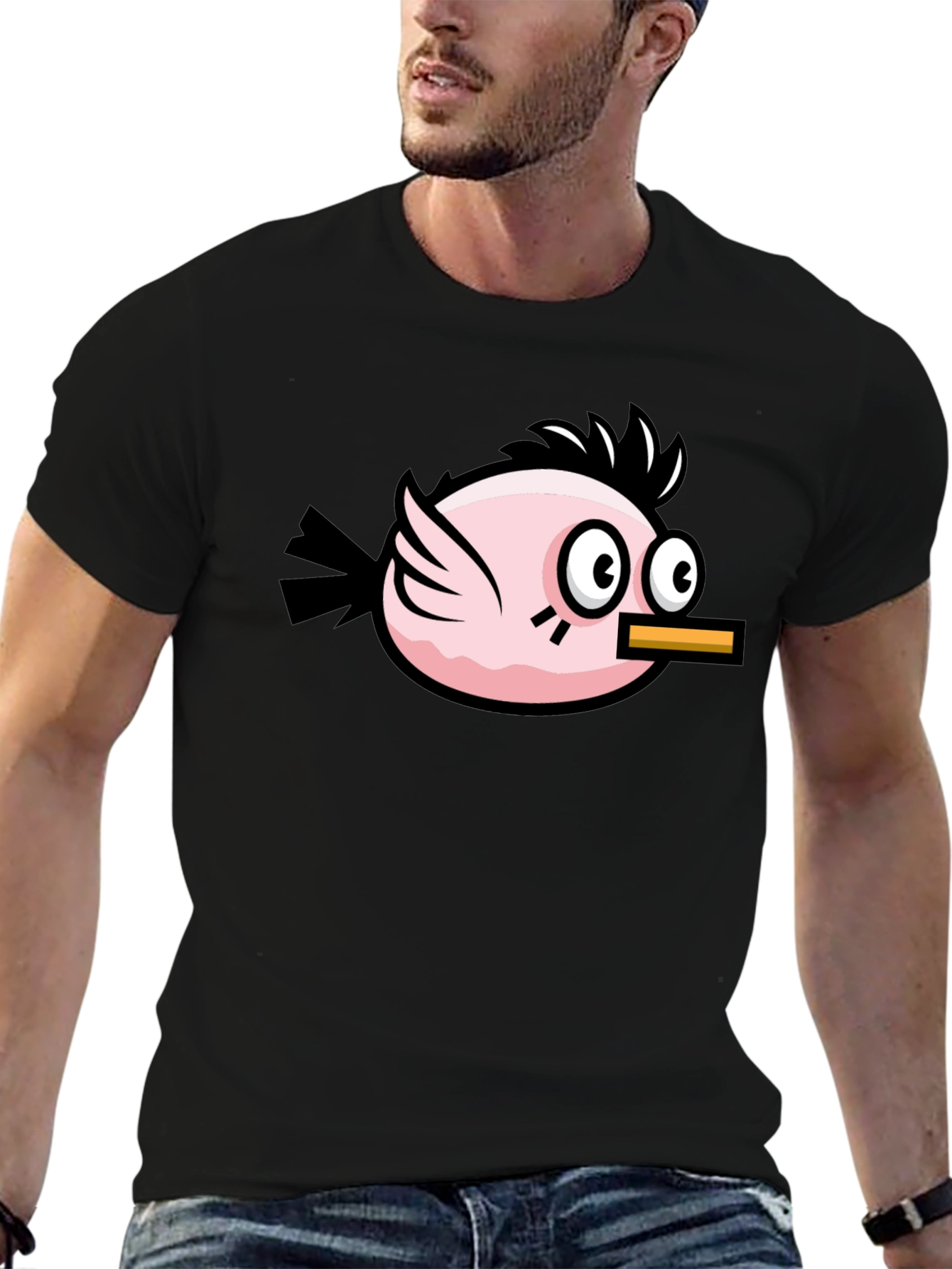 Black Funny Pink Bird Graphic Tee - Black Cotton T-Shirt view 6