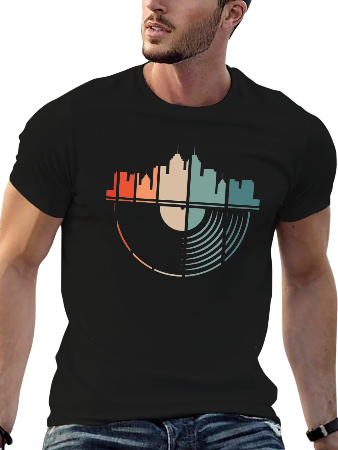 Black Retro Skyline Vinyl Record Graphic T-Shirt view 6