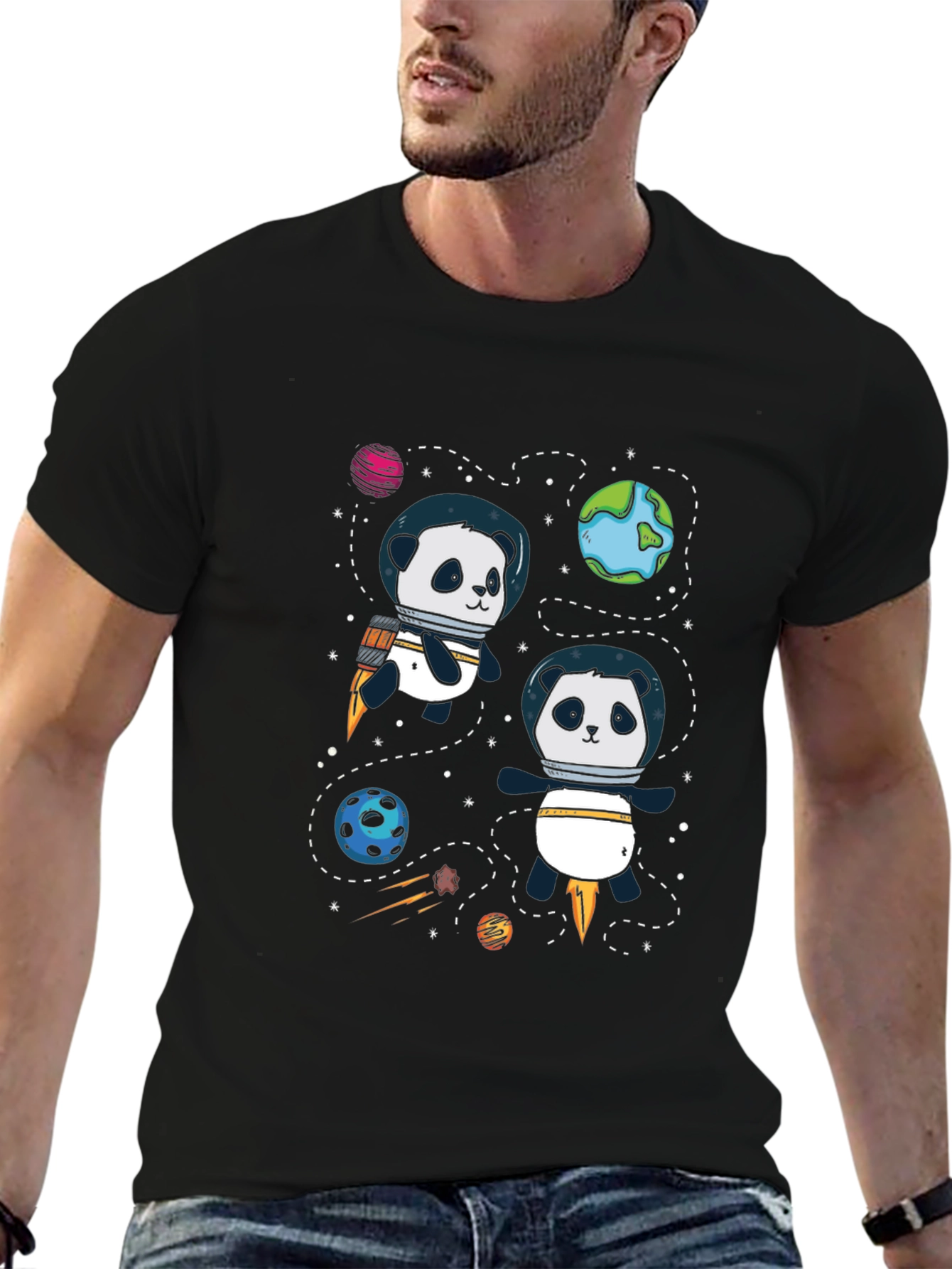 Black Space Panda T-Shirt - Cute Cartoon Graphic Tee view 6