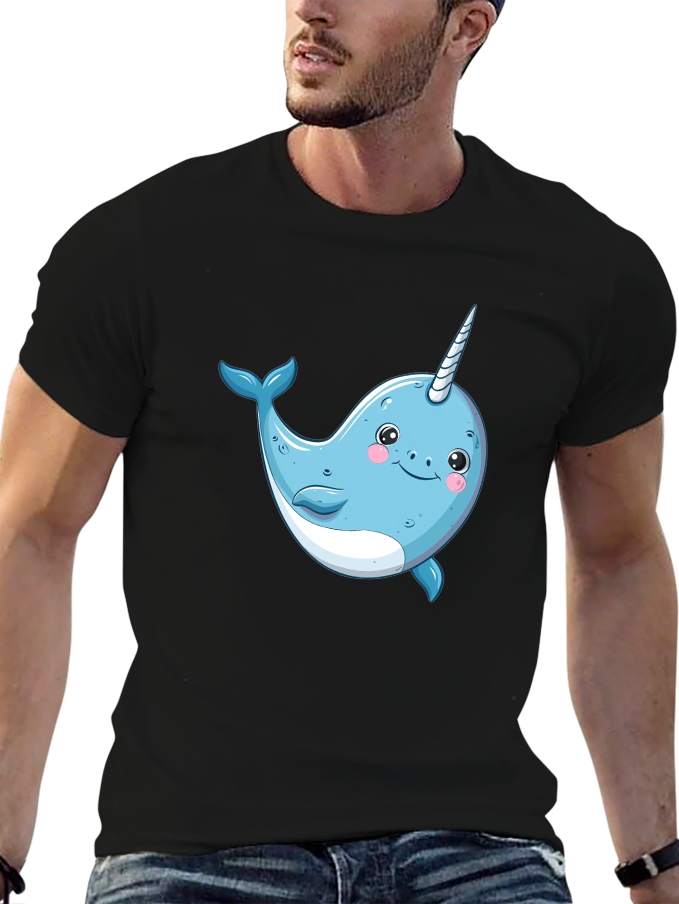 Black Cute Narwhal Graphic Tee - Black Cotton T-Shirt view 6