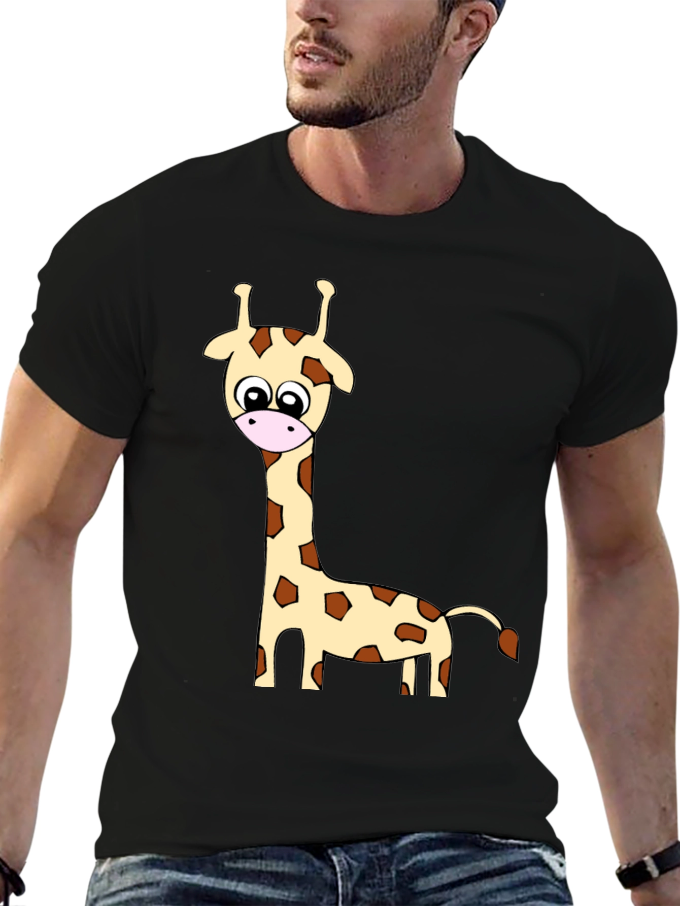 Black Cartoon Giraffe Print Crew Neck T-Shirt view 6
