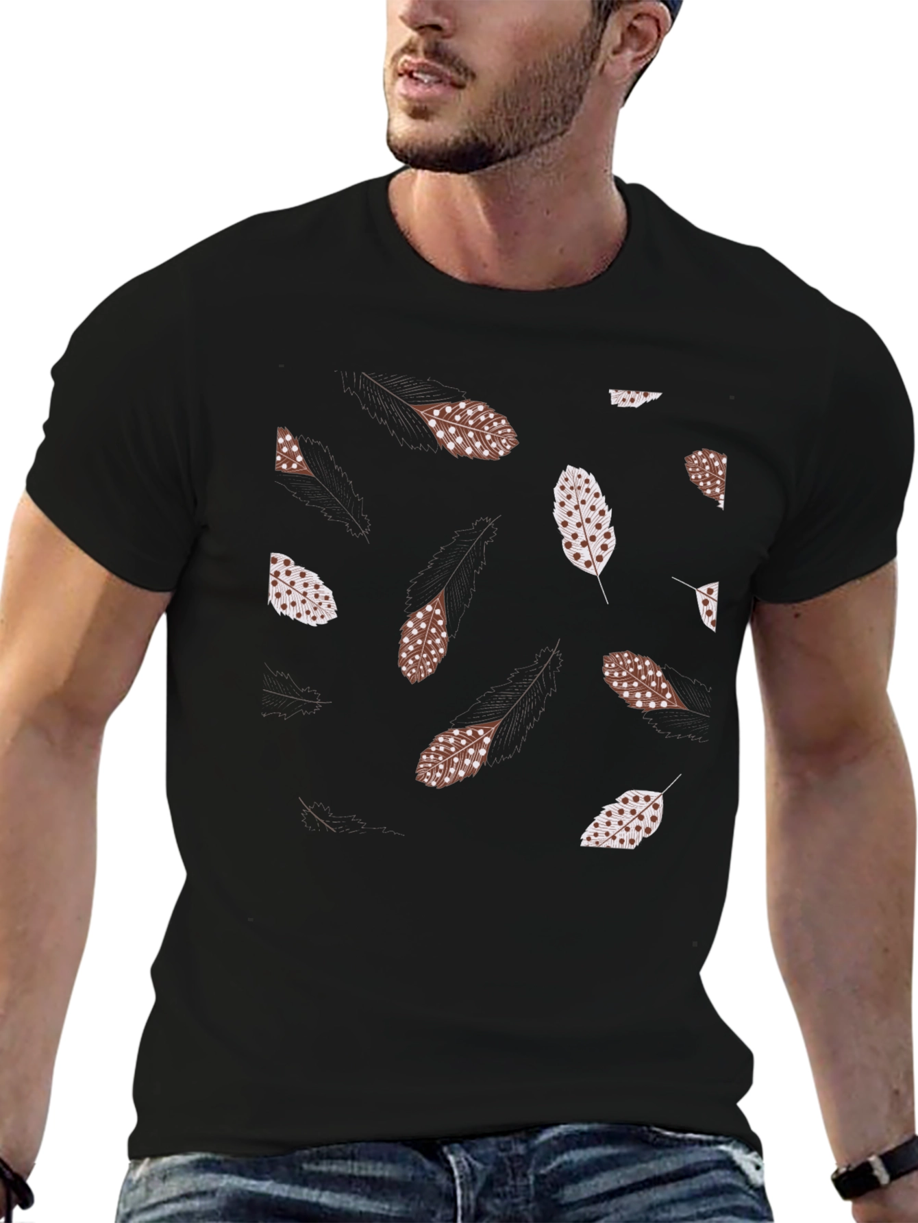 Black Feather Print Black T-Shirt view 6