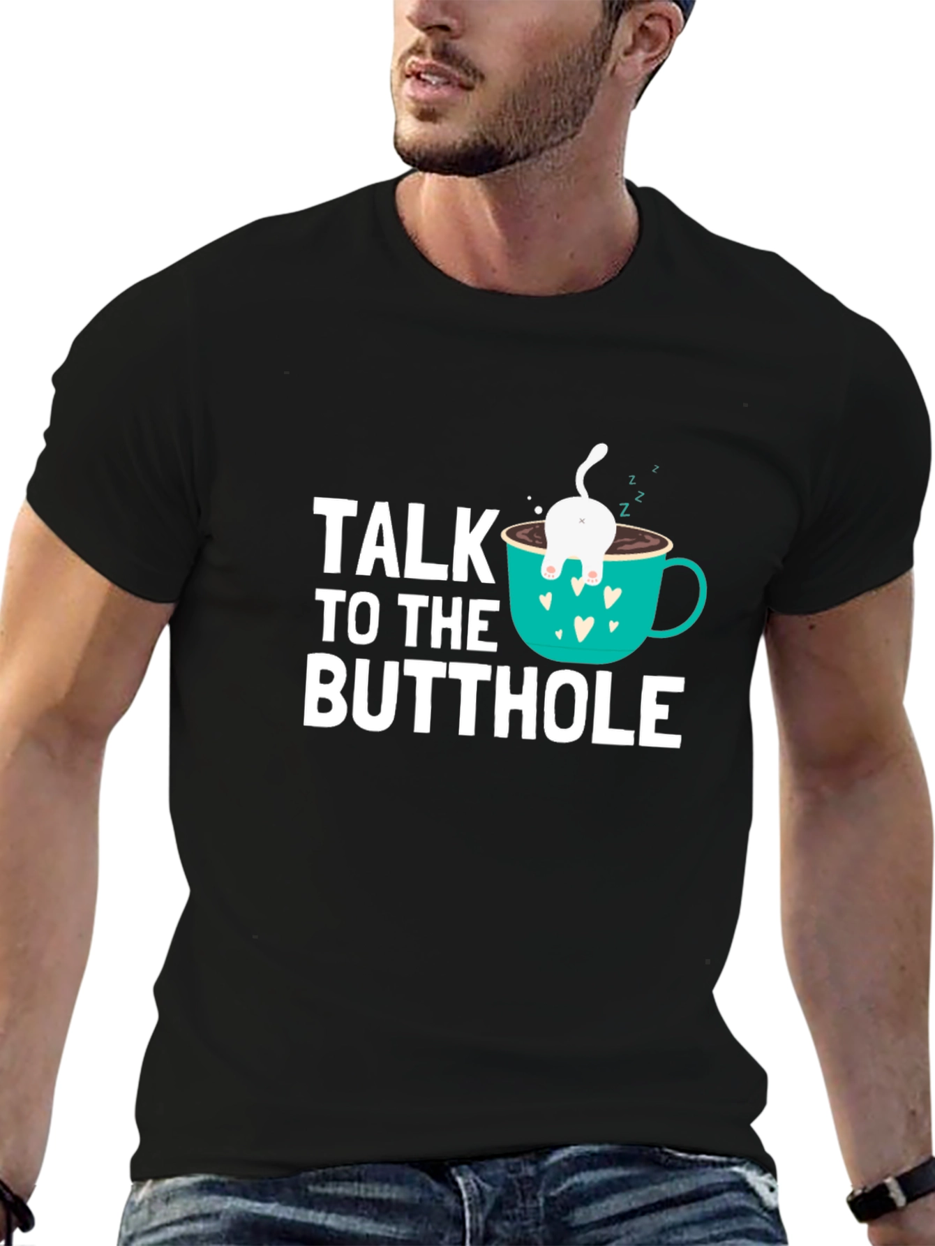 Black Talk to the Butthole Funny Cat Coffee T-Shirt view 6
