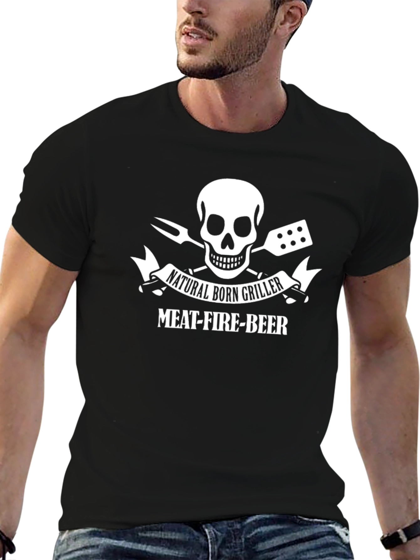 Black Natural Born Griller T-Shirt - Meat Fire Beer BBQ view 6