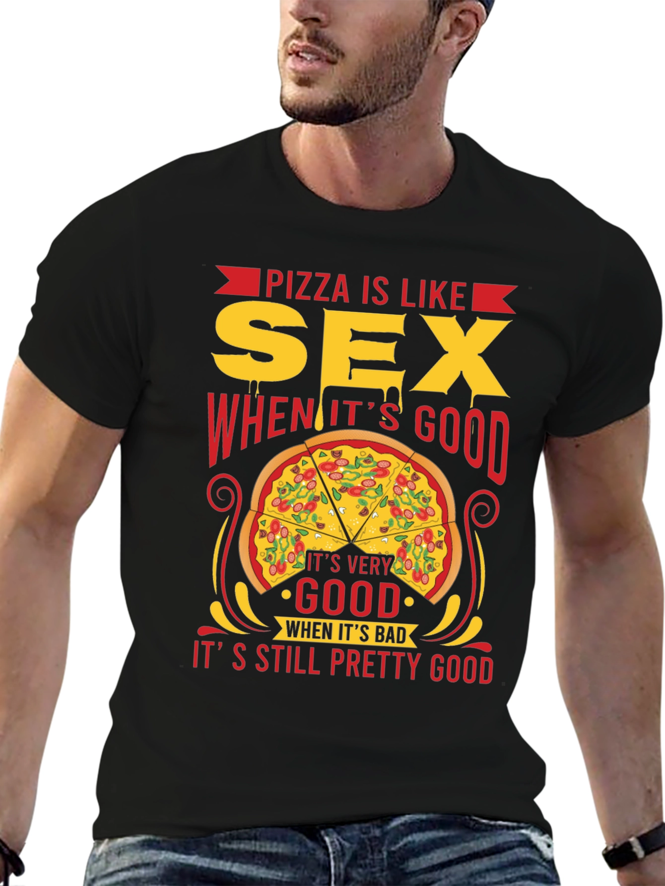 Black Pizza & Sex Funny Graphic T-Shirt view 6