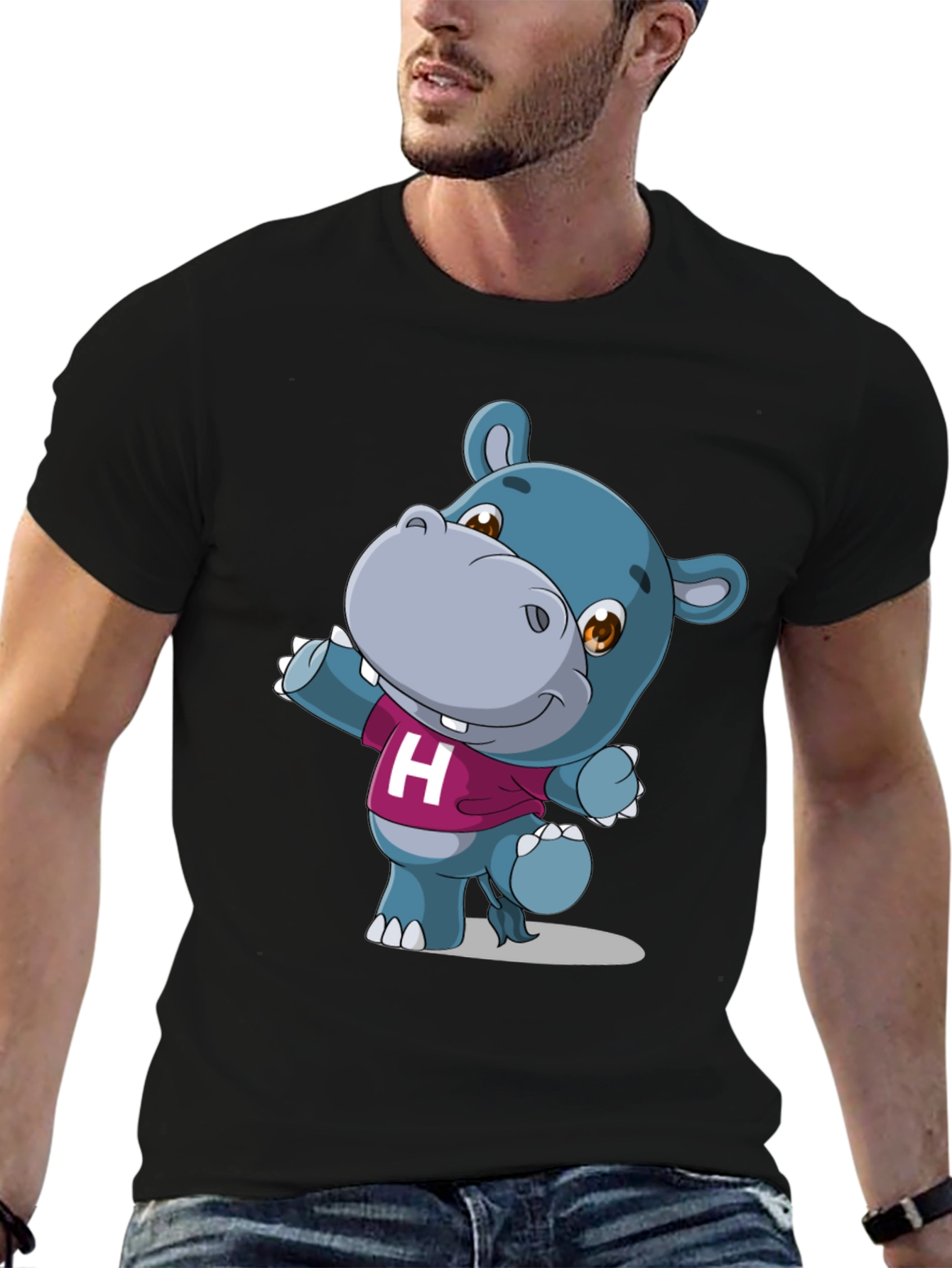 Black Cute Hippo Graphic Tee - Black Unisex Shirt view 6