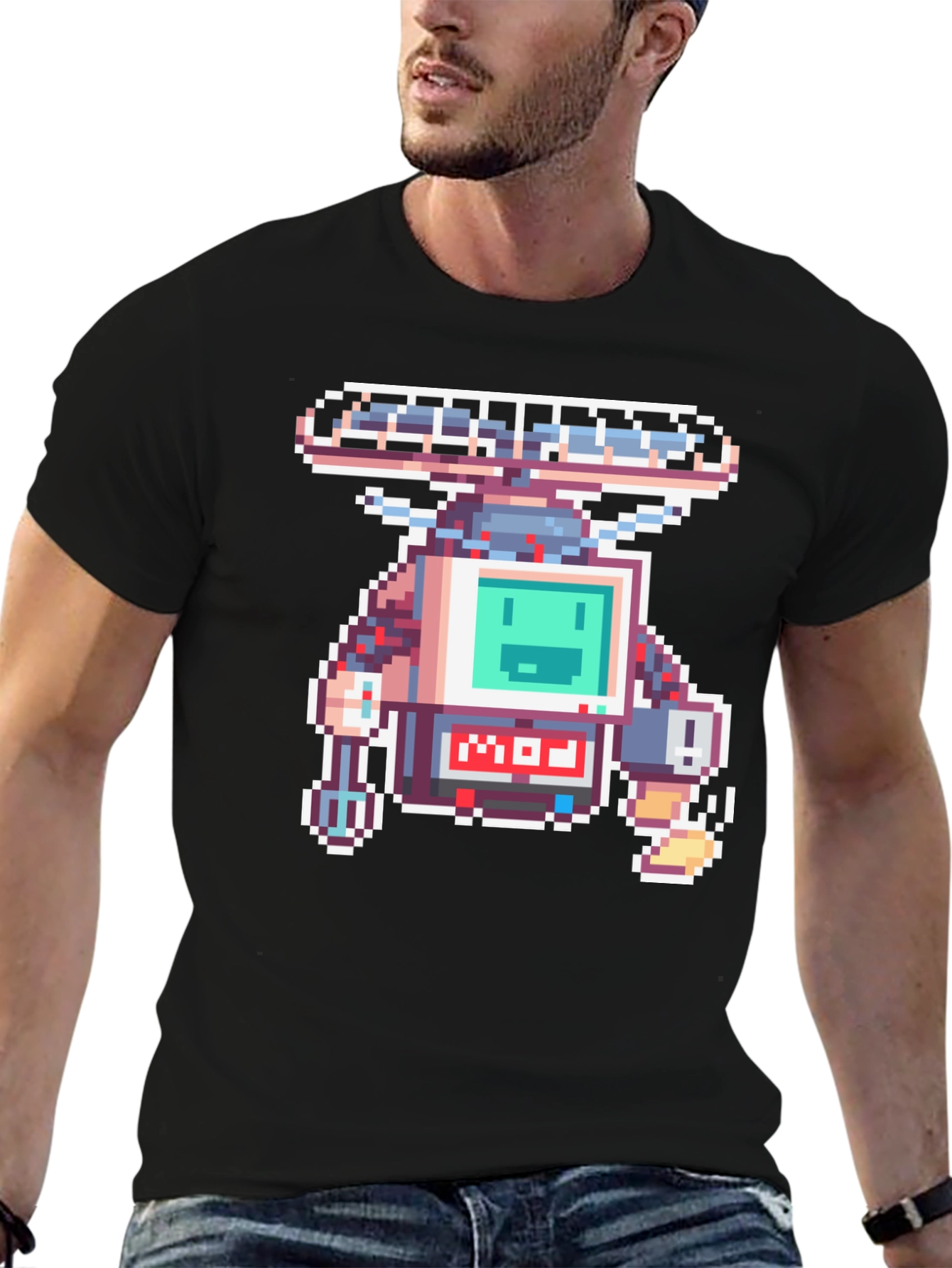 Black Retro Pixel Robot Graphic T-Shirt view 6