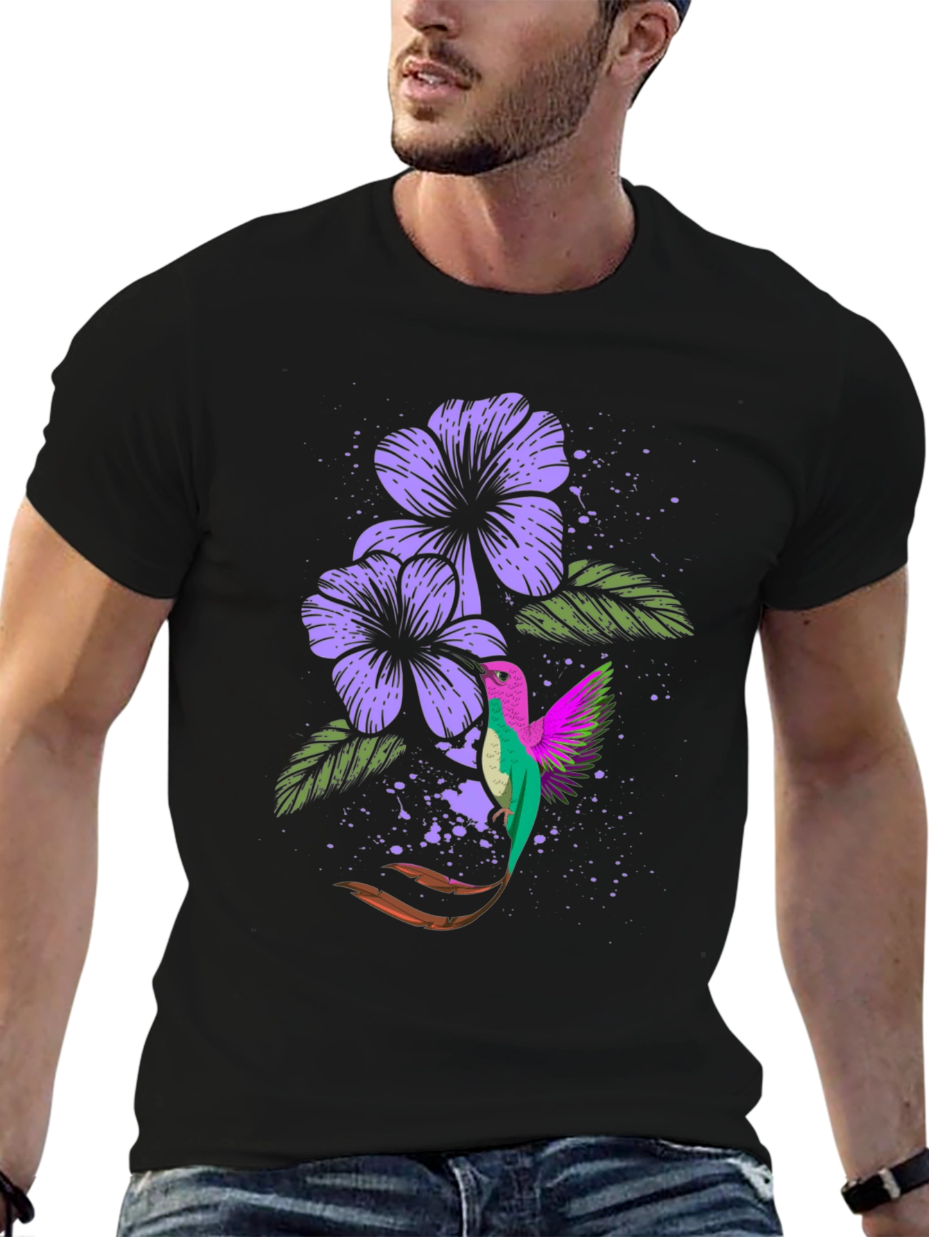 Black Hummingbird & Floral Print Black T-Shirt view 6