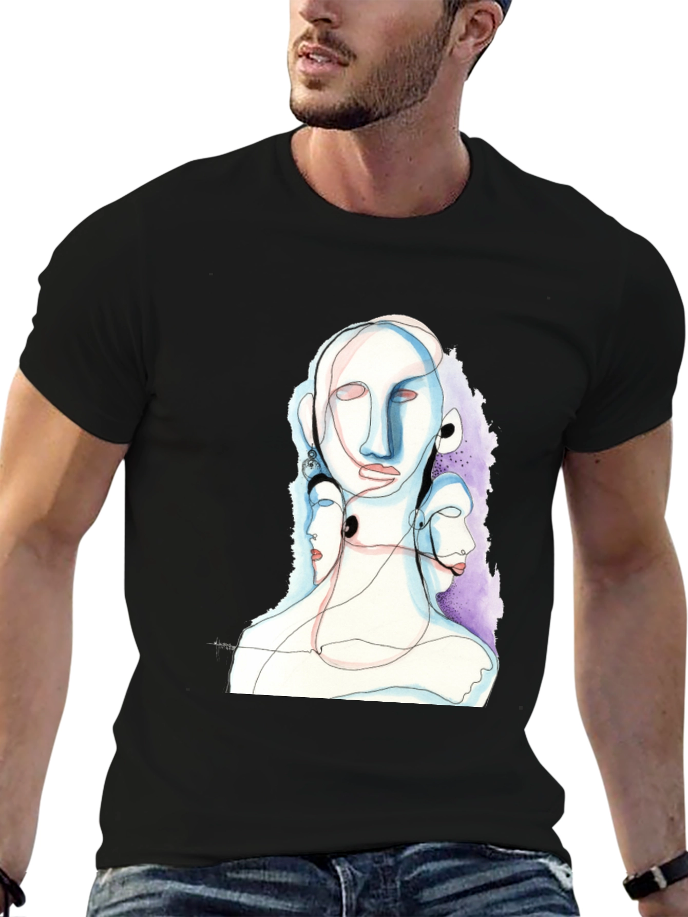 Black Abstract Faces Black Graphic Tee view 6