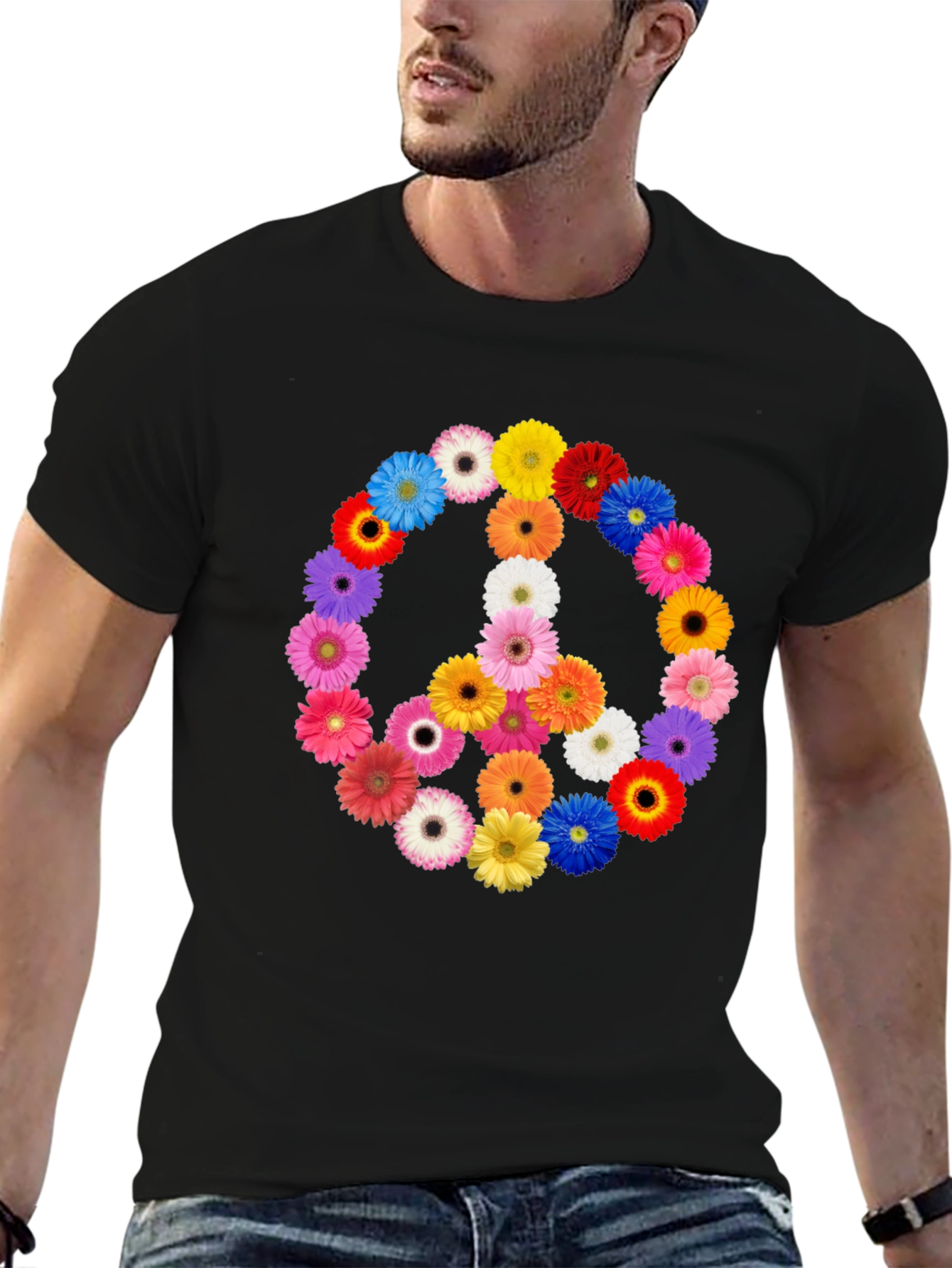 Black Floral Peace Sign Black T-Shirt view 6