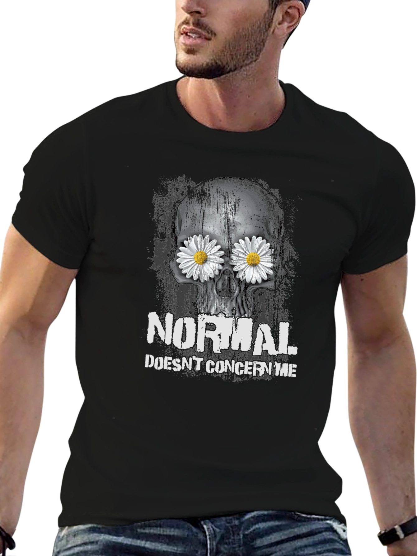 Black Skull & Daisies T-Shirt - Normal Doesn't Concern Me Graphic Tee view 6