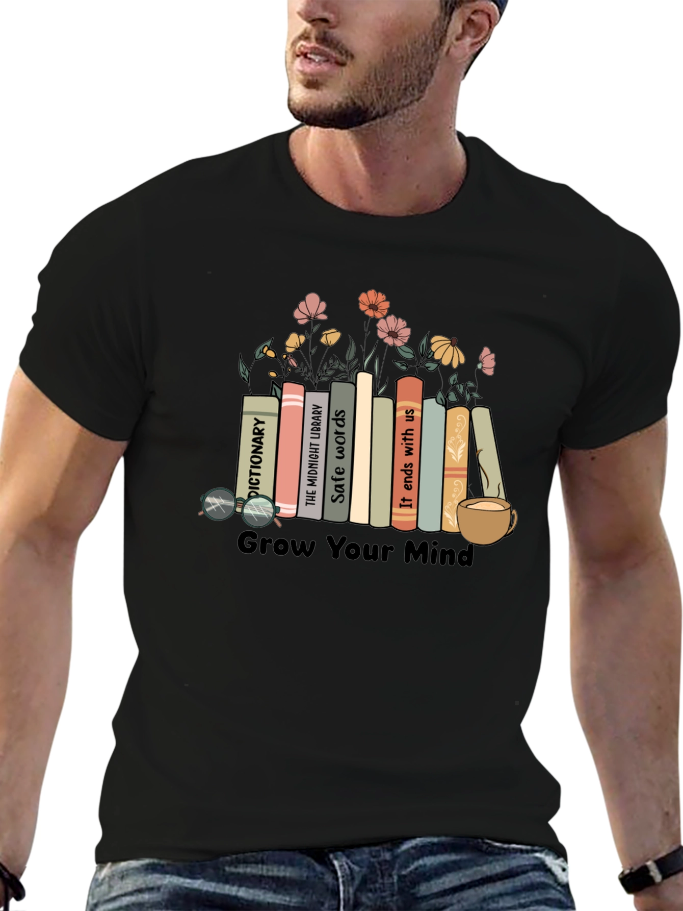 Black Grow Your Mind Bookshelf T-Shirt view 6