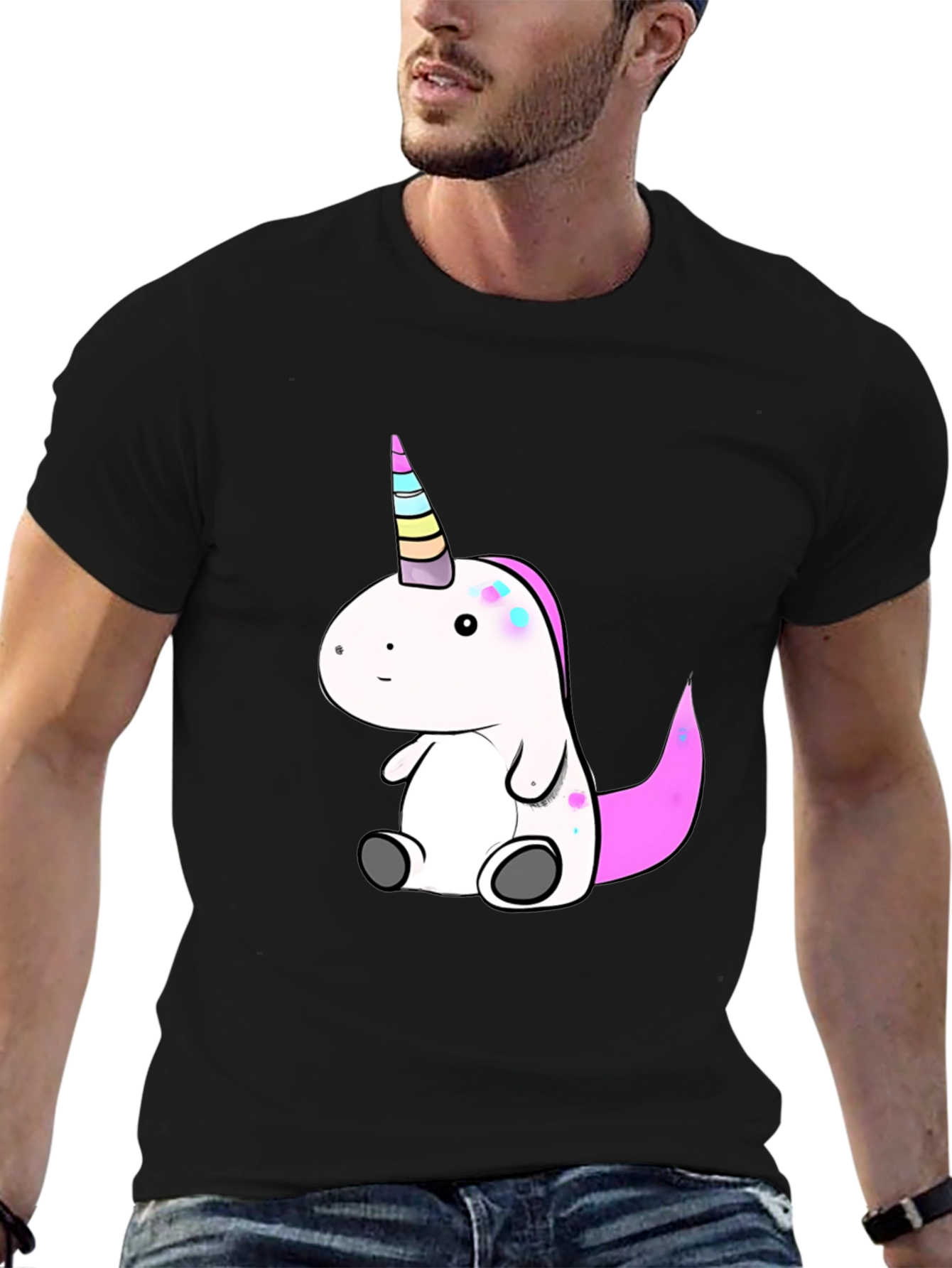 Black Cute Unicorn Graphic Tee - Black Cotton T-Shirt view 6