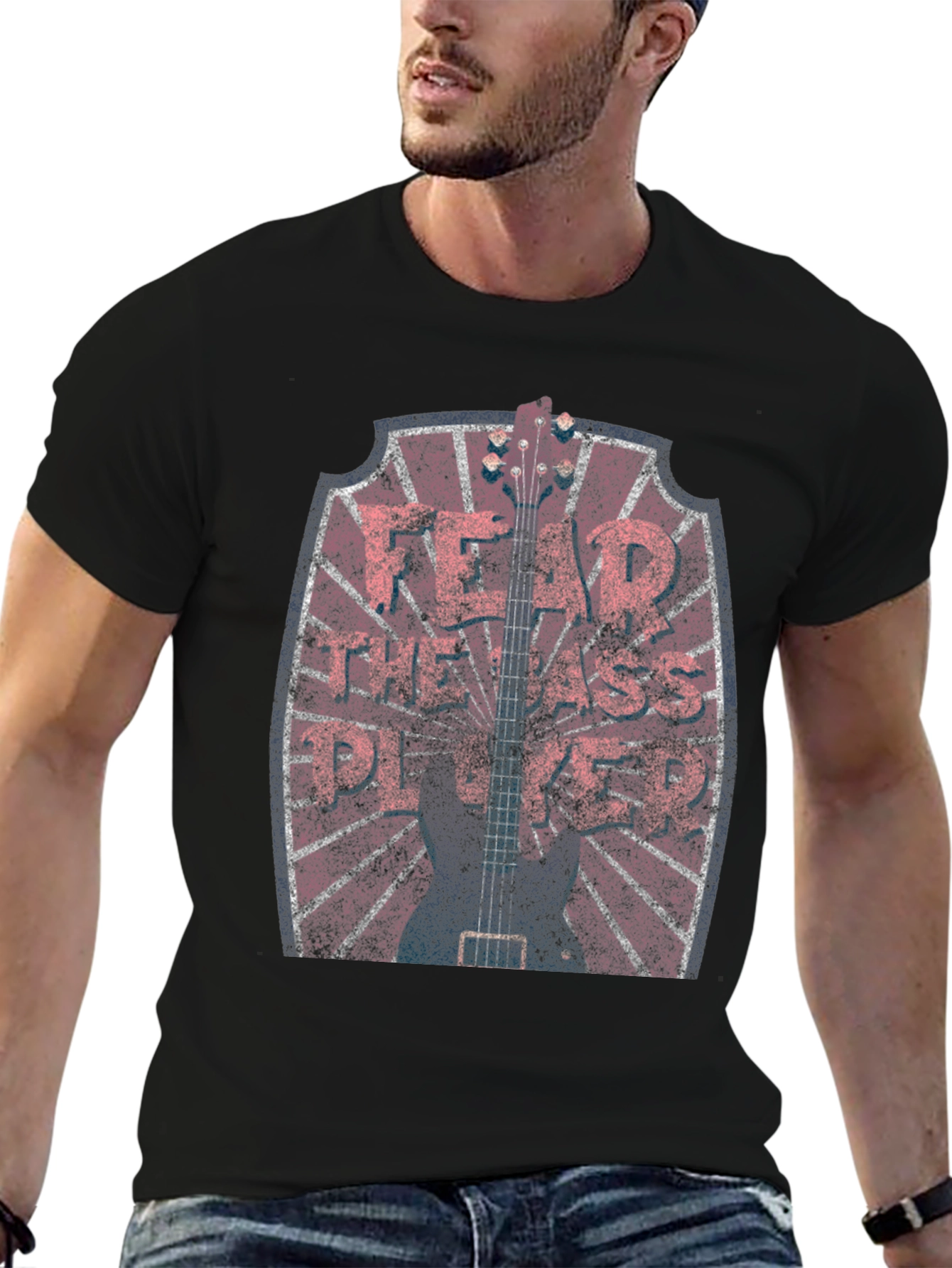 Black Fear the Bass Player Vintage Style T-Shirt view 6
