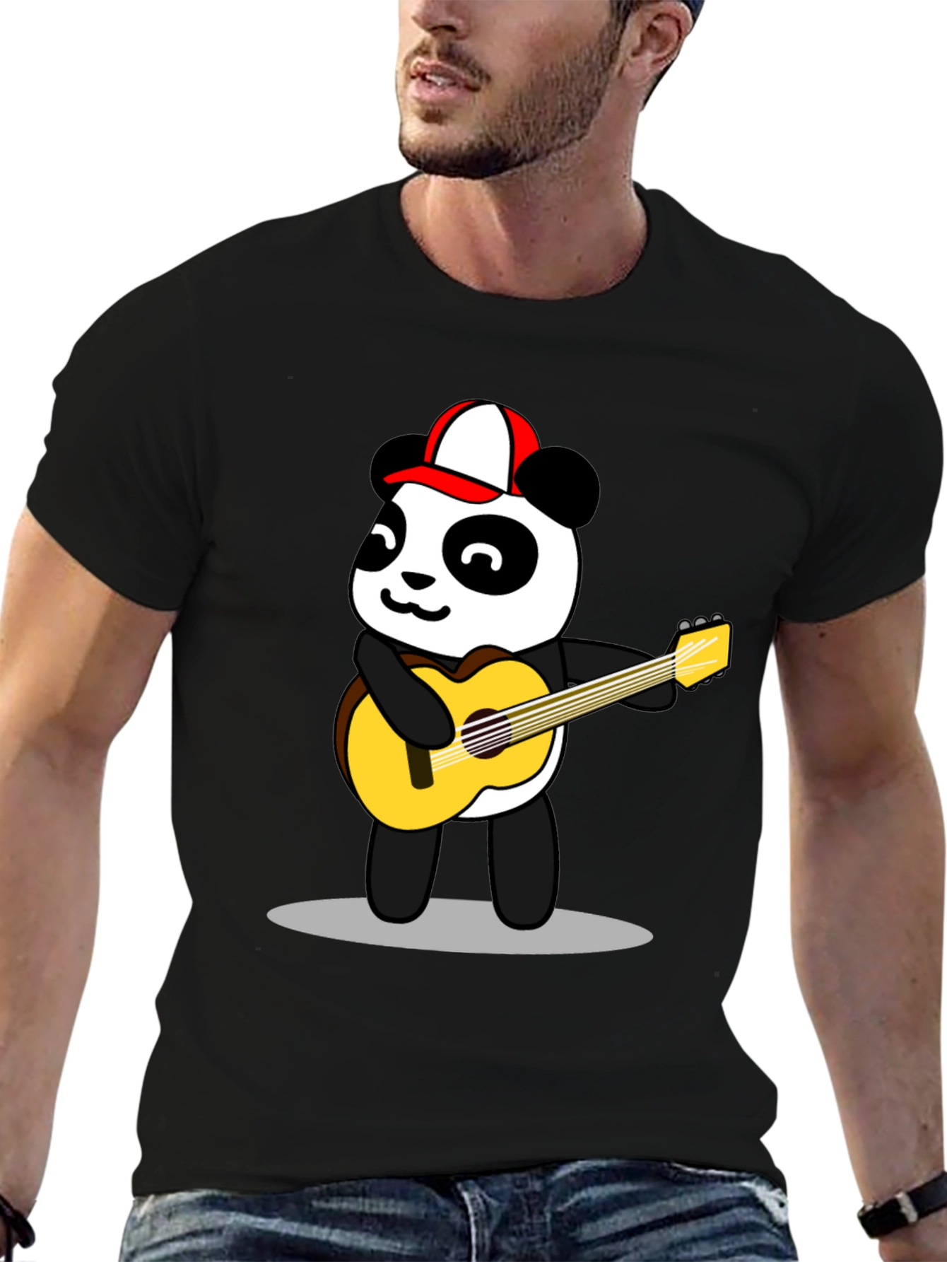 Black Cool Panda Guitarist Graphic Tee - Black Cotton T-Shirt view 6