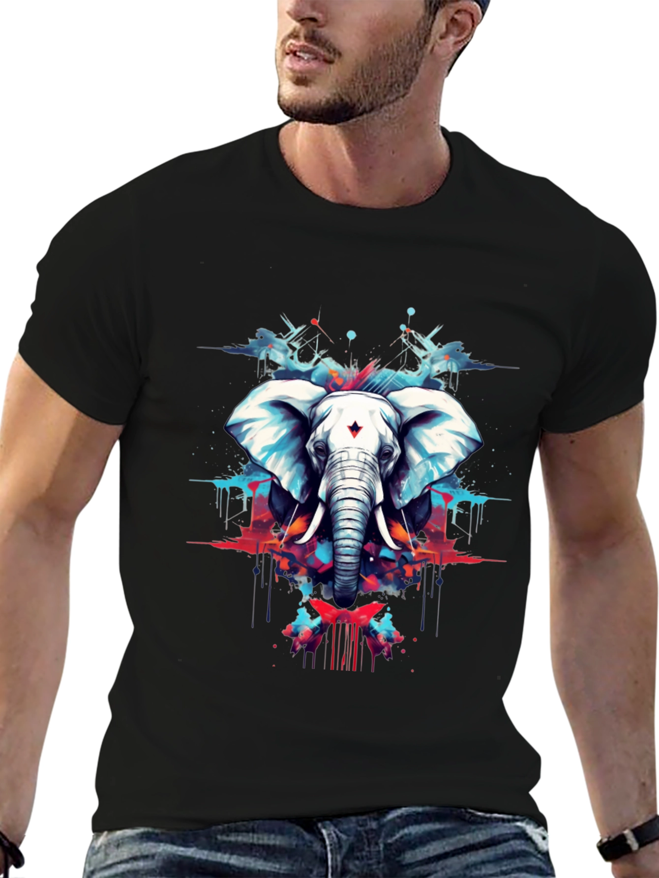 Black Elephant Art Black Tee - Stylish Graphic Print view 6