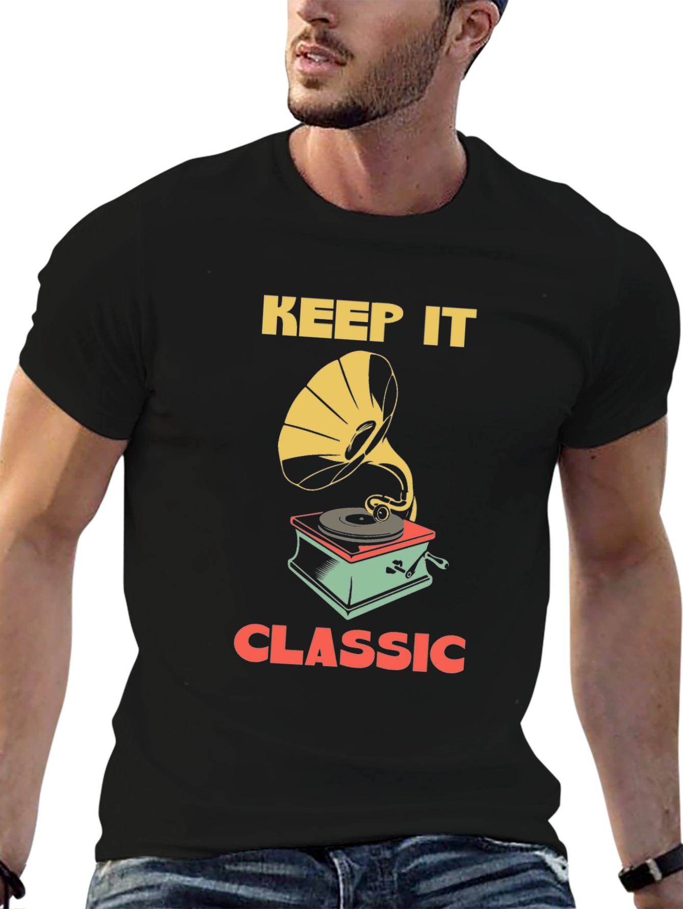 Black Keep It Classic Tee - Vintage Gramophone Design view 6