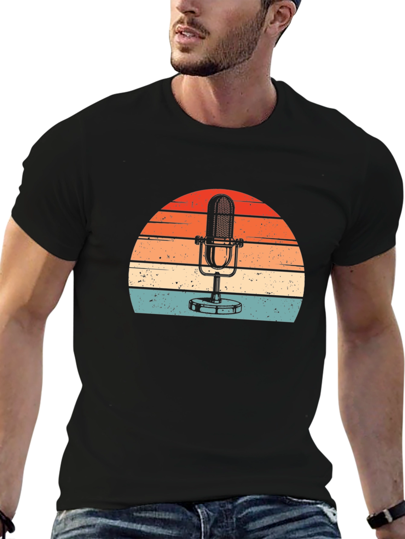 Black Vintage Microphone Sunset Graphic Tee view 6