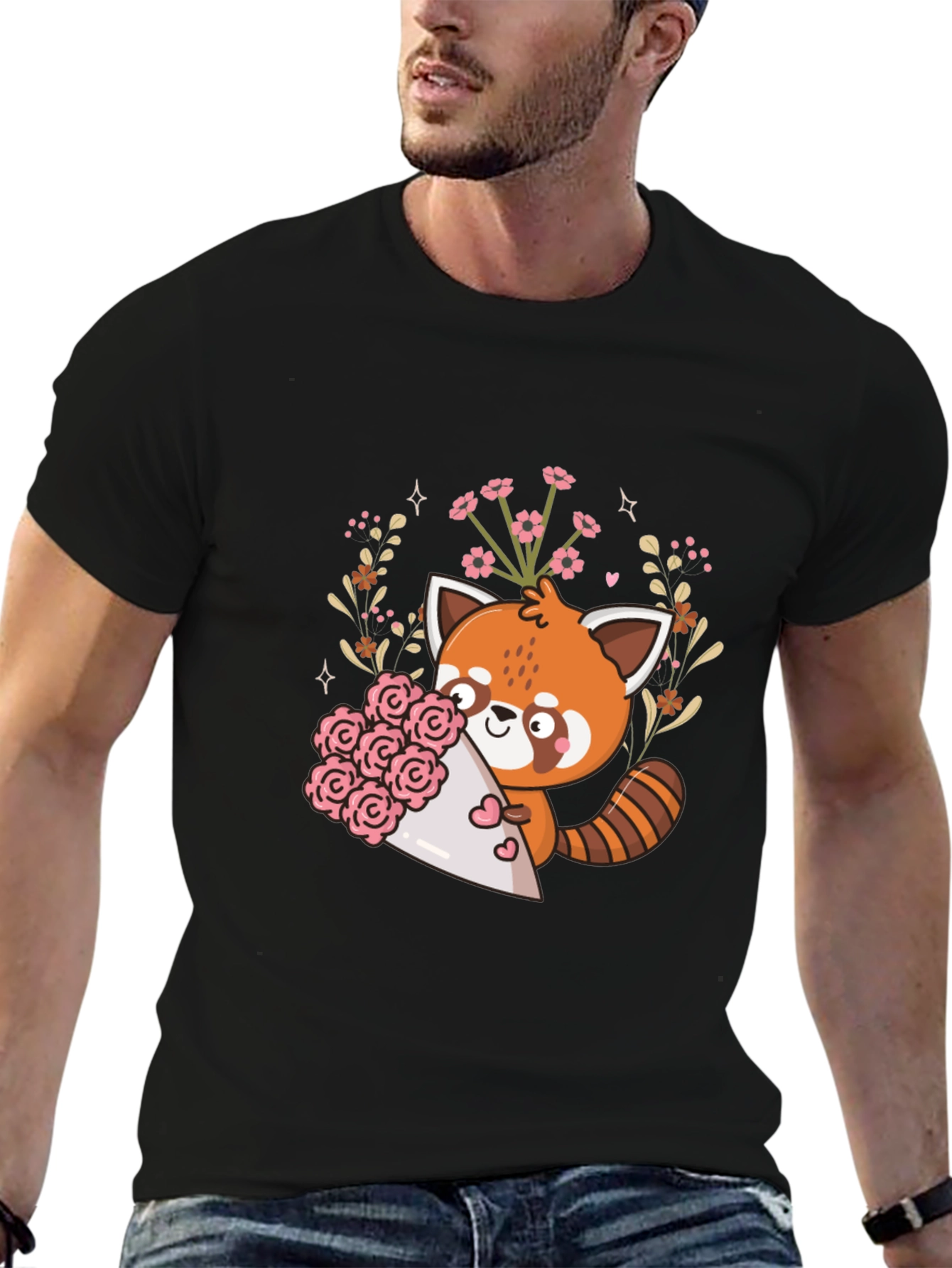 Black Cute Red Panda Floral Bouquet Graphic Tee view 6