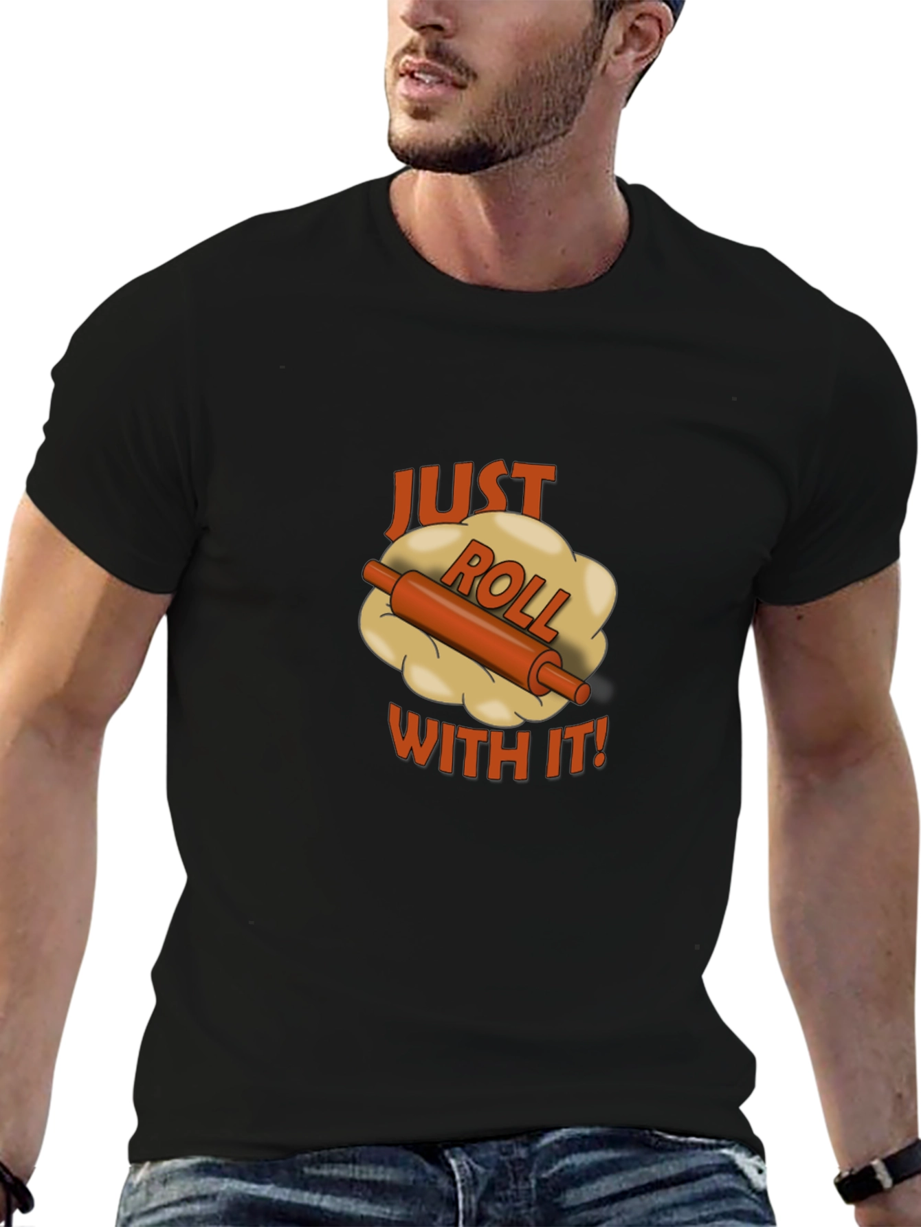 Black Just Roll With It Black T-Shirt - Funny Baking Tee view 6