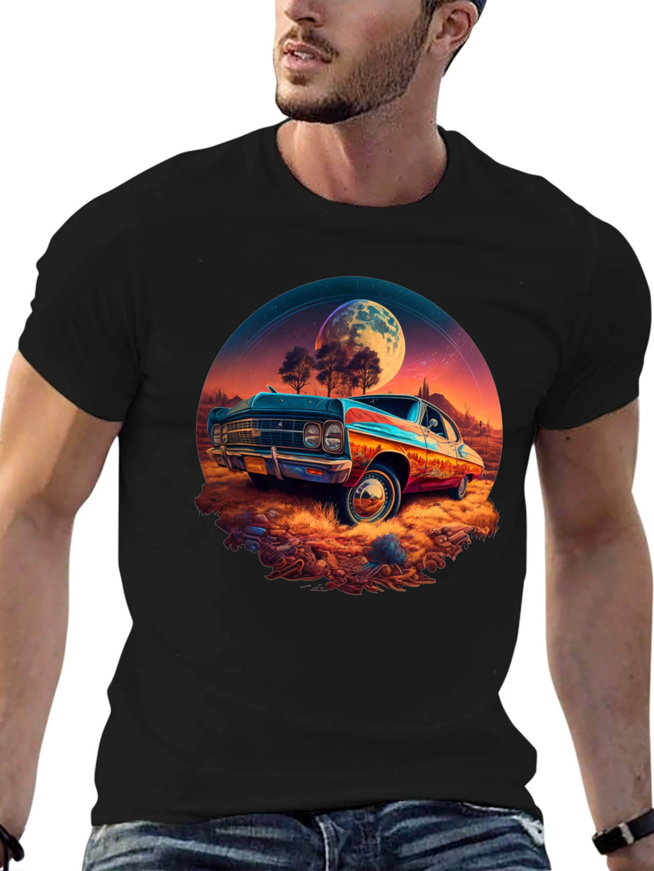 Black Vintage Car Moonscape Graphic Tee view 6