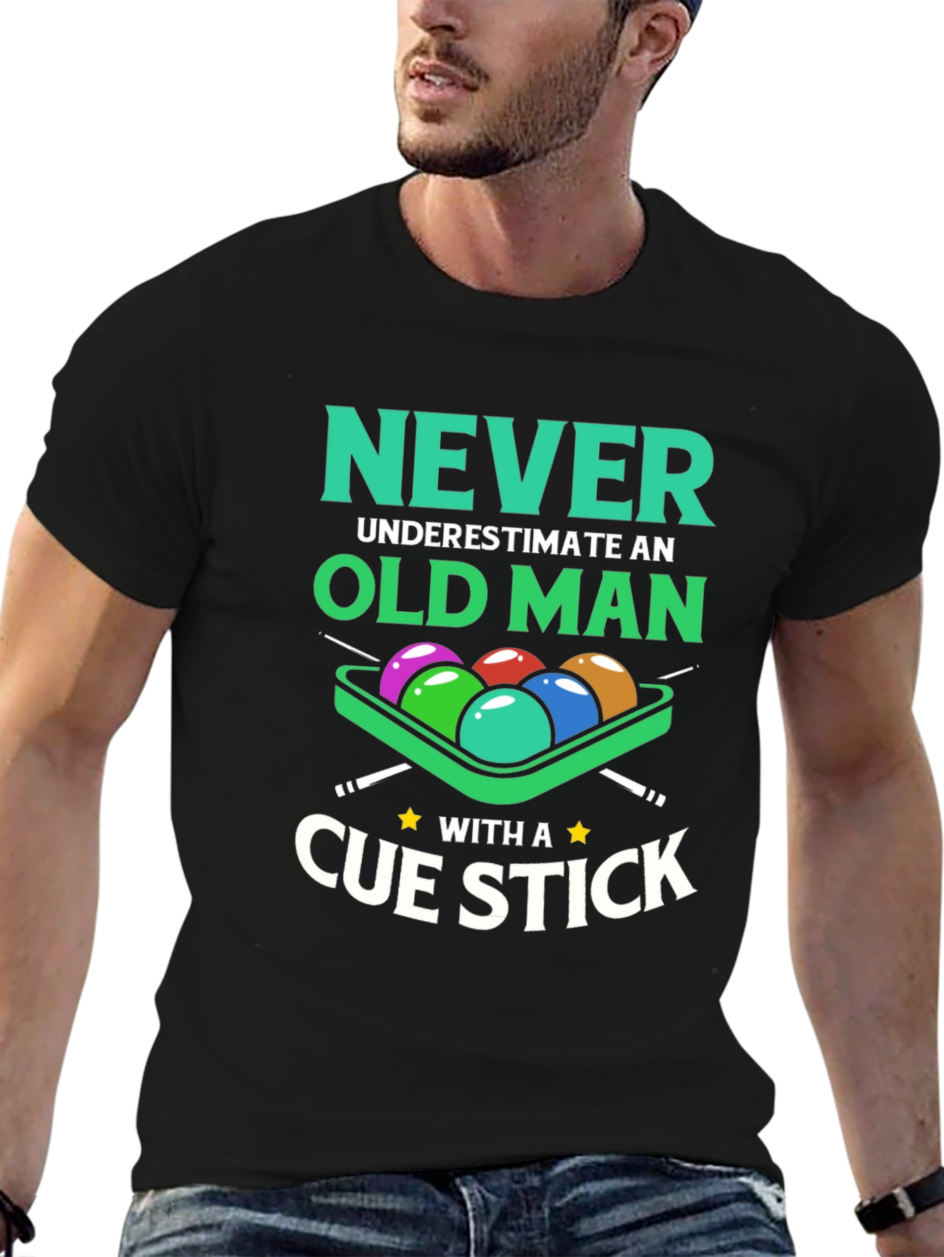 Black Never Underestimate Old Man Cue Stick Graphic Tee view 6