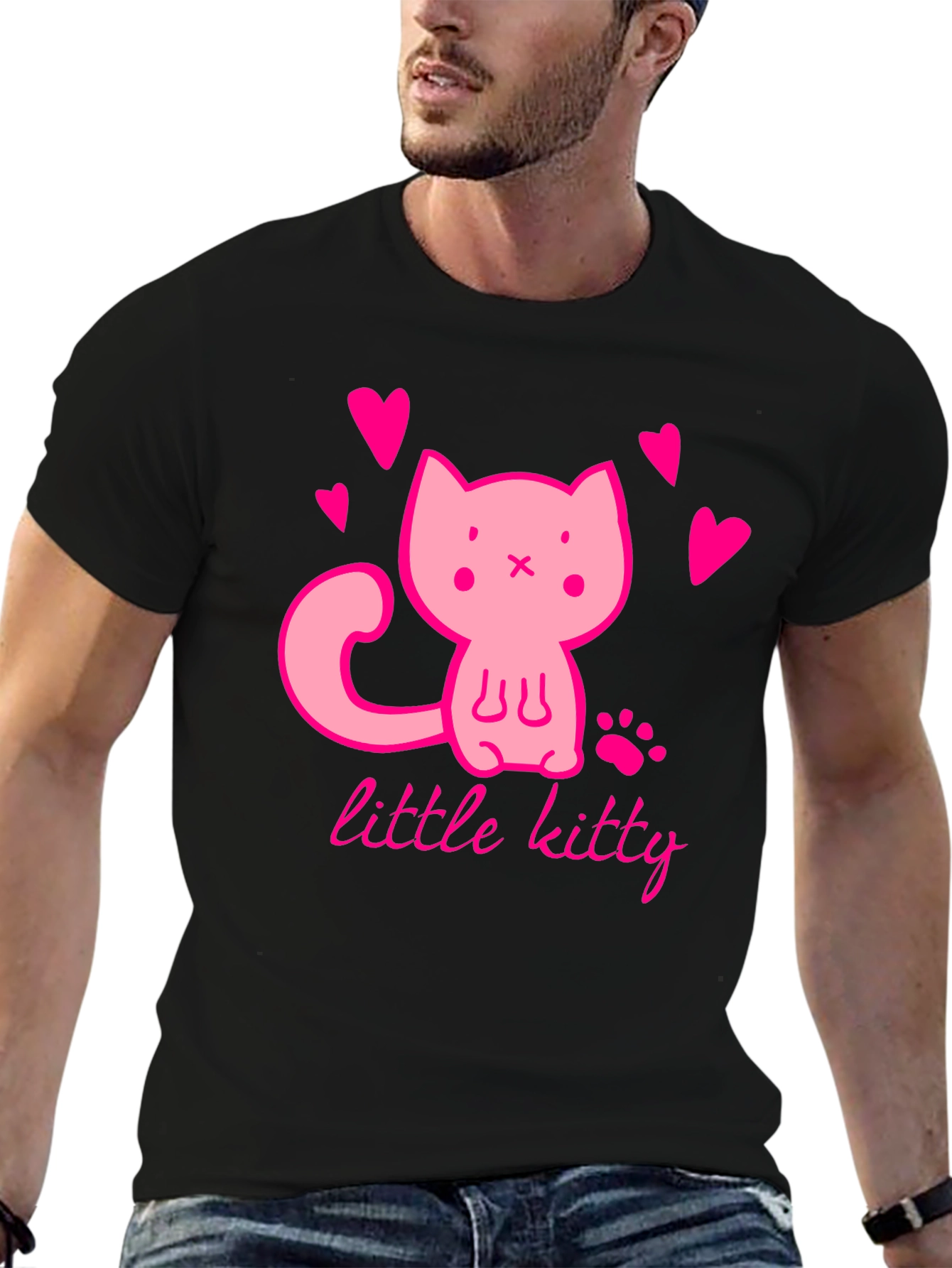 Black Cute Pink Kitten Black T-Shirt view 6