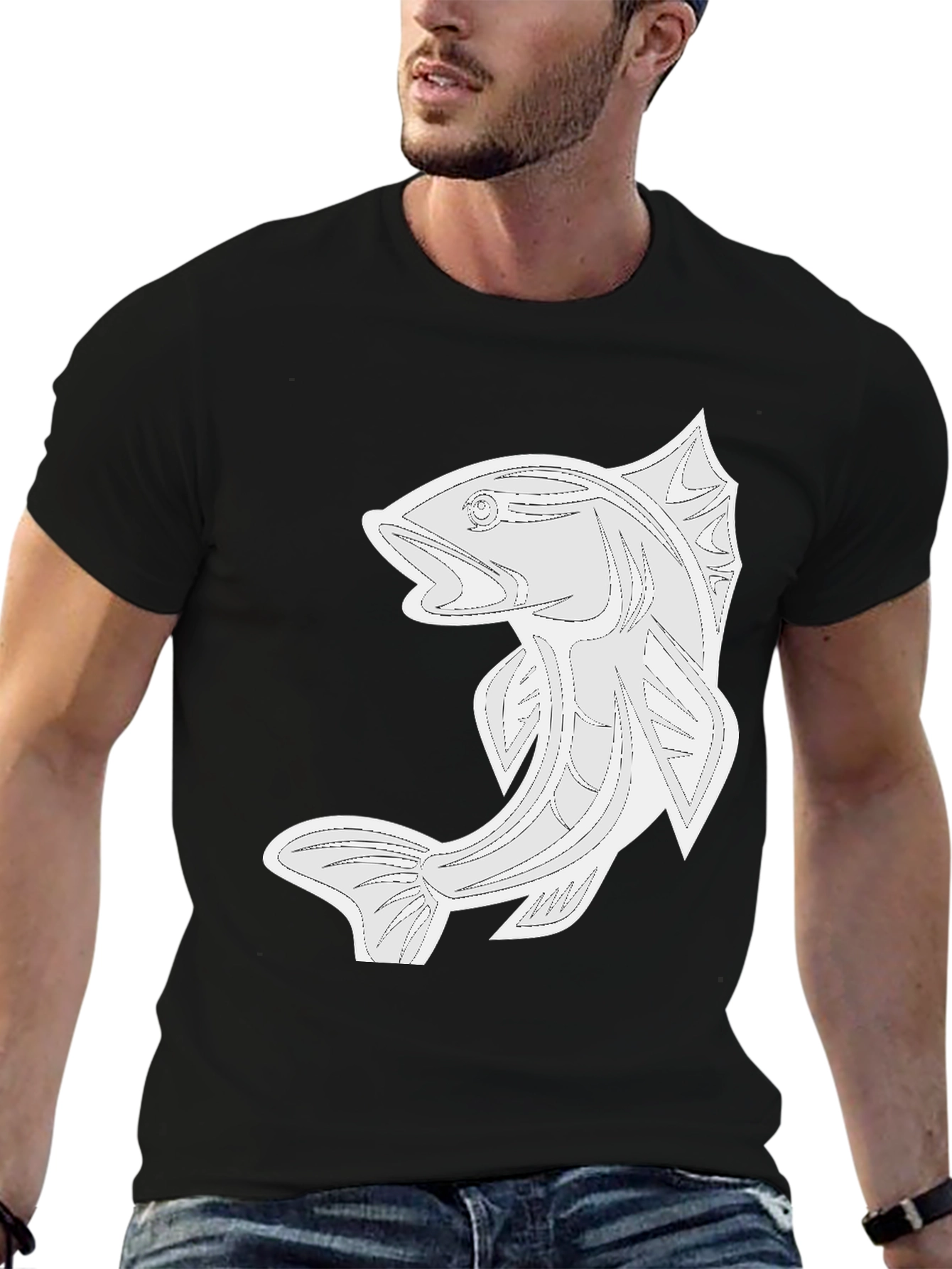 Black Black Graphic Tee - Fish Design view 6