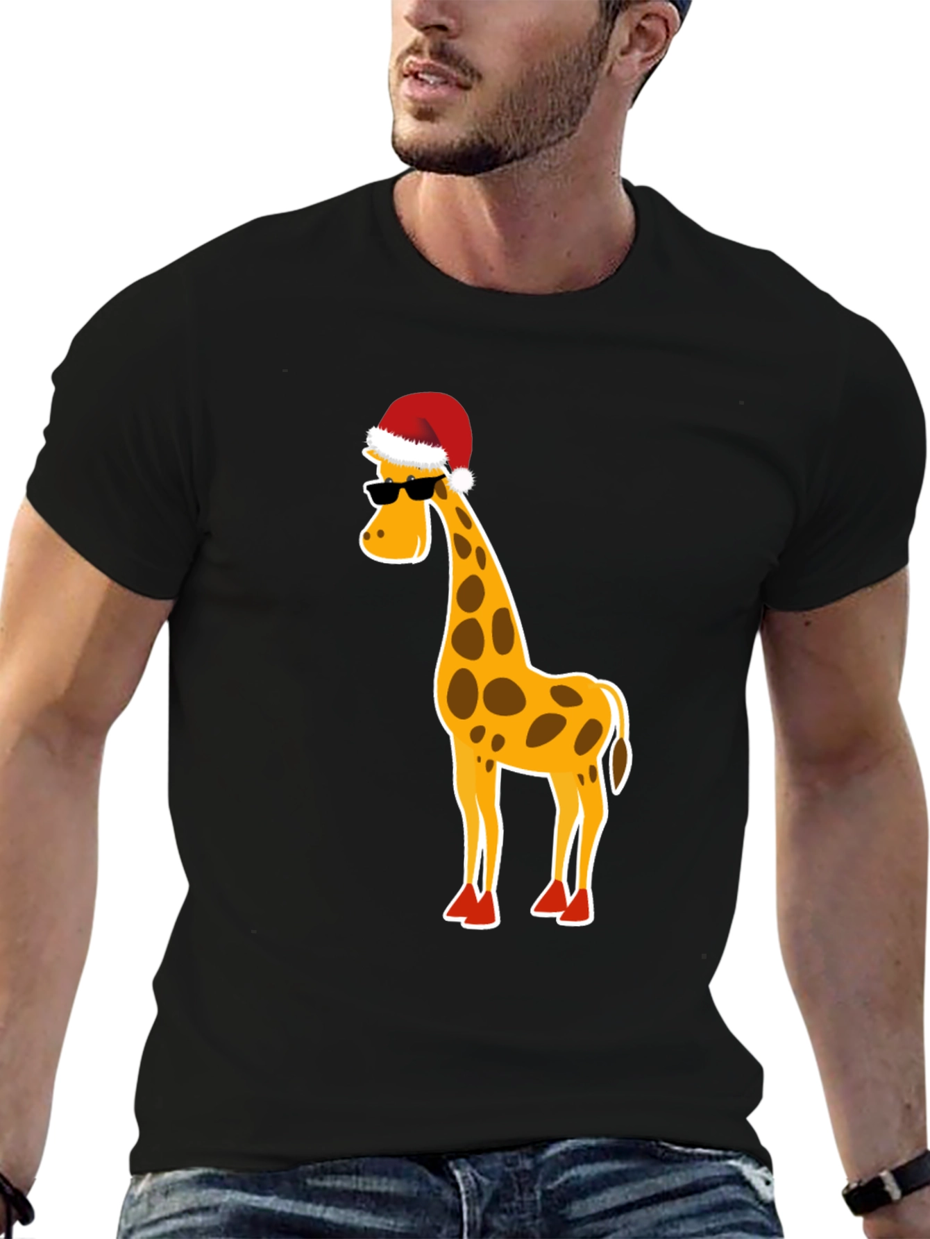 Black Festive Giraffe T-Shirt: Holiday Humor Apparel view 6