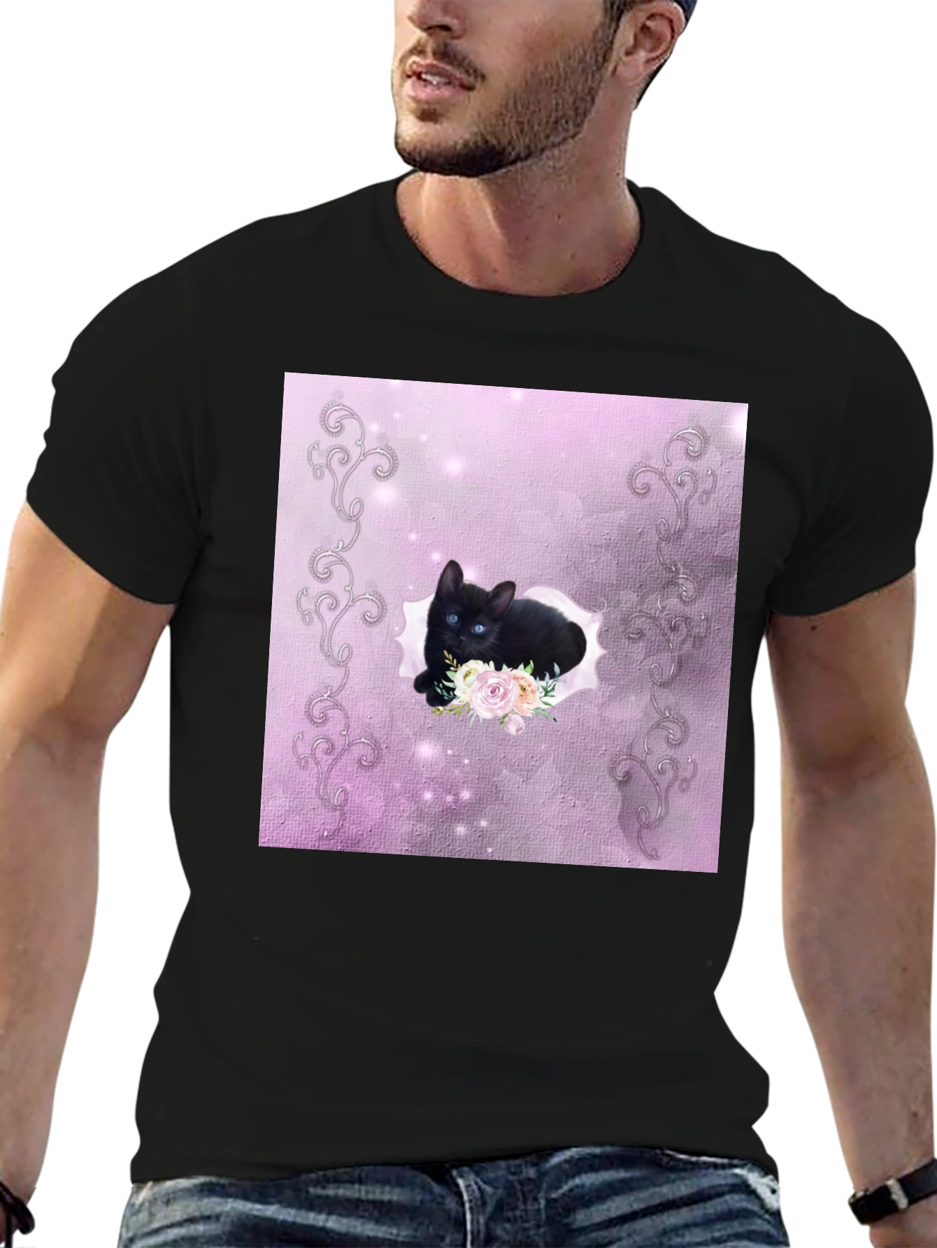 Black Black Kitten Floral T-Shirt view 6