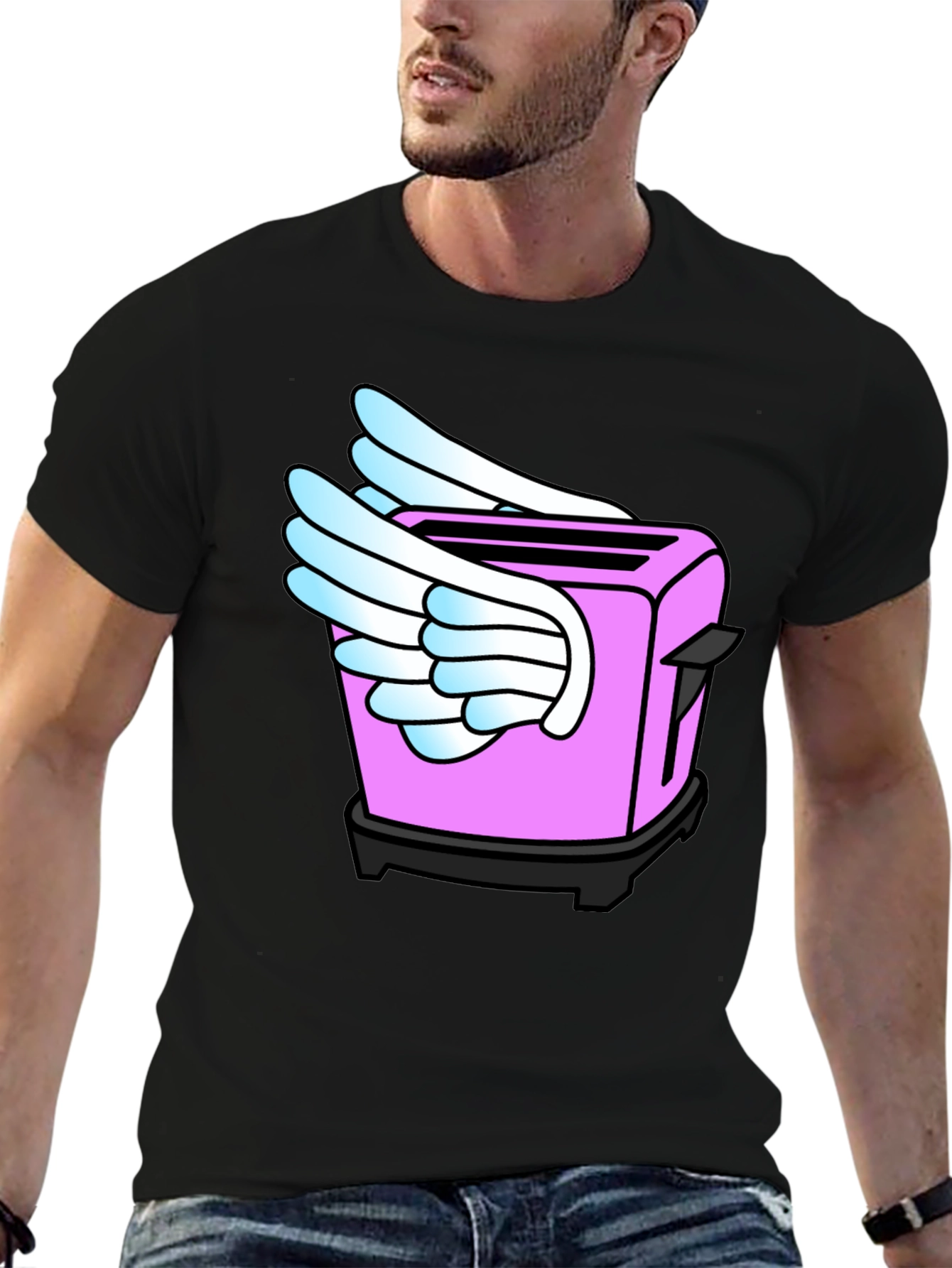 Black Whimsical Toaster Wings Black T-Shirt view 6