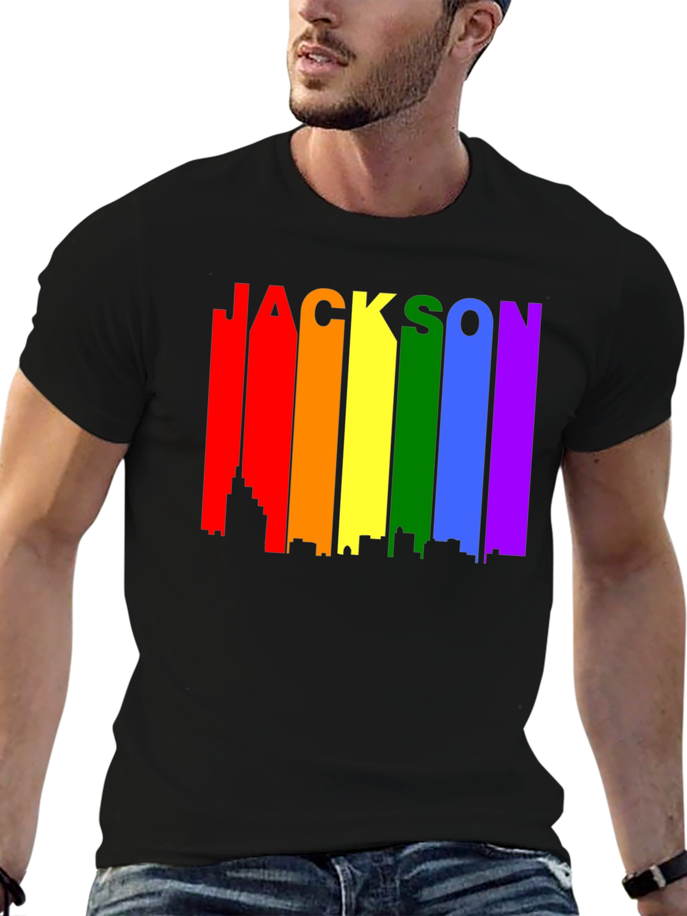 Black Jackson Rainbow Skyline Pride T-Shirt view 6